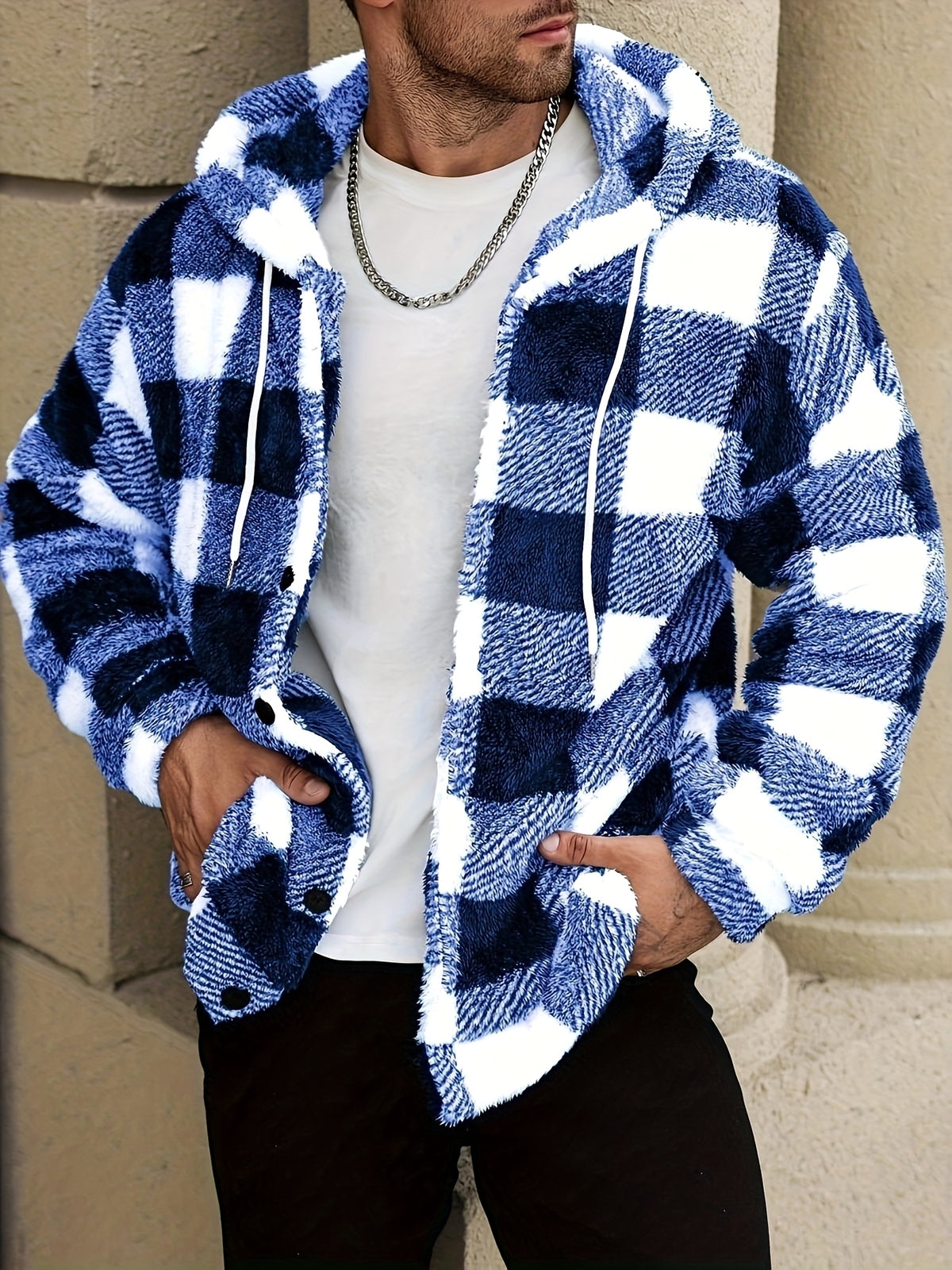 Men's Plaid Print Thermal Lined Hooded Long-Sleeve Casual Short Top, Autumn/Winter Flannel Short Top for Outings, a Gift for Friends, Husbands, or Boyfriends