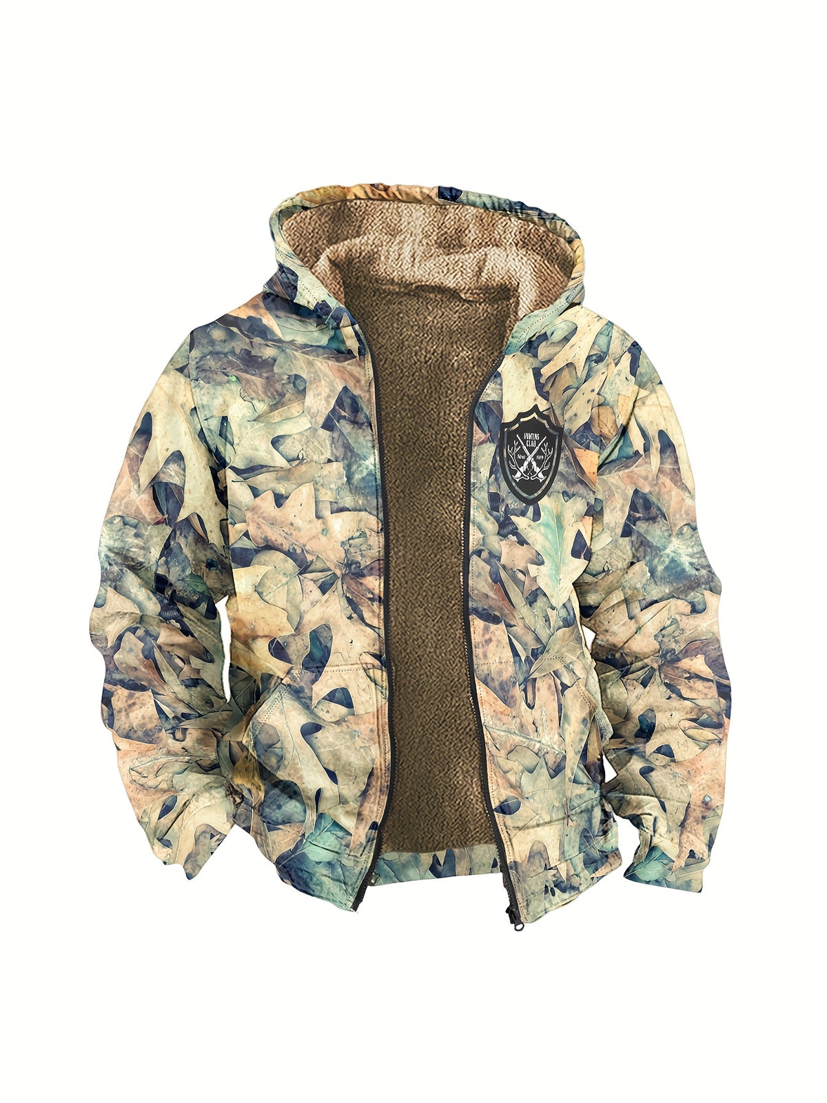 Men'S Autumn Winter Leaf Print Casual Matching Fleece Lined Zip-Up sweatshirt, Hunting