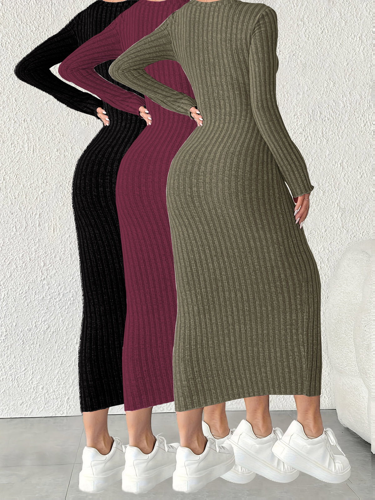 3pcs Solid Color Long Sleeve Ribbed Pullover Dress for Women