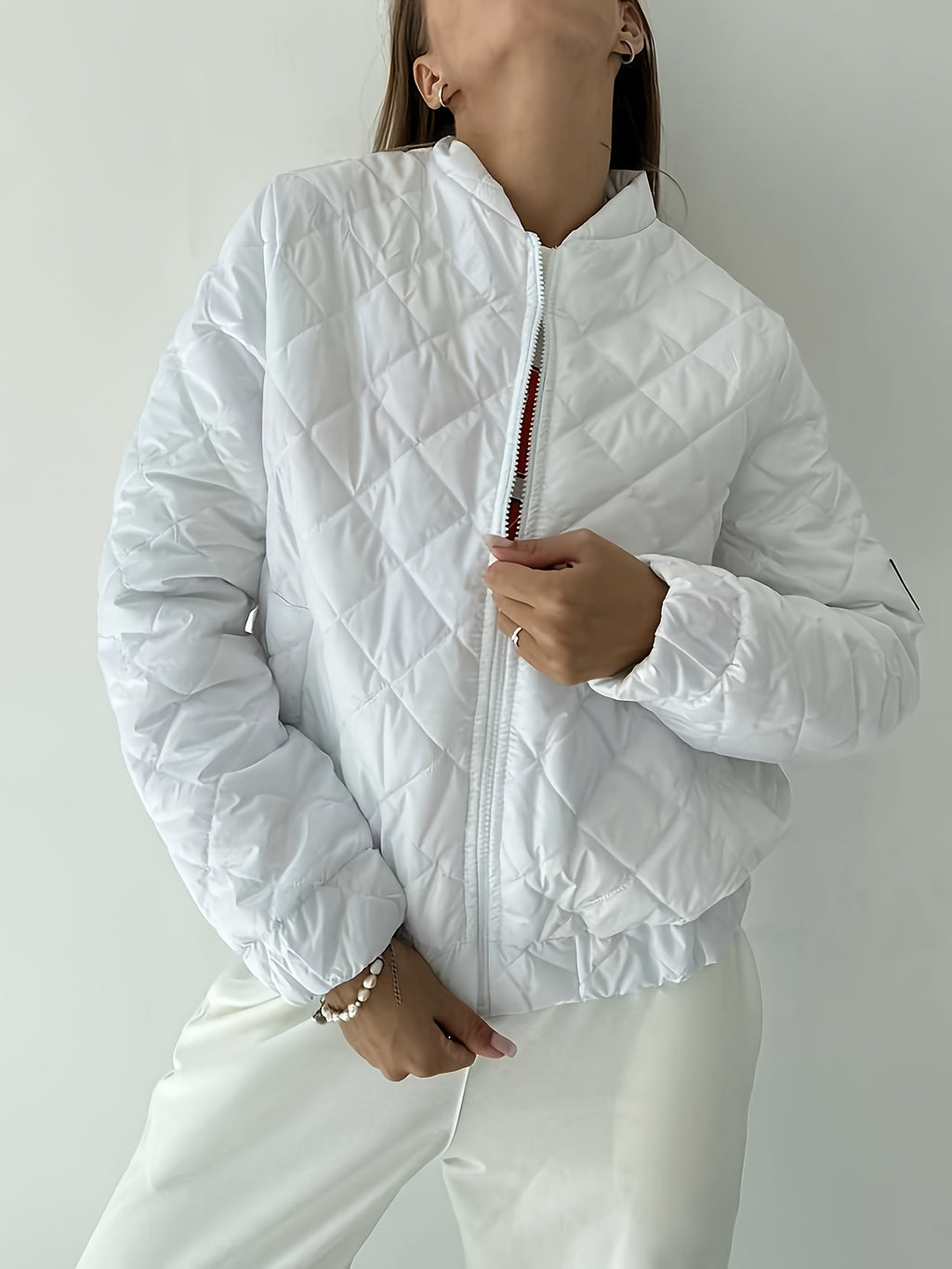 White Checkered Baseball Uniform Women'S Short Length Zipper Patchwork Design Soft Comfortable Daily Street Fashion Choice