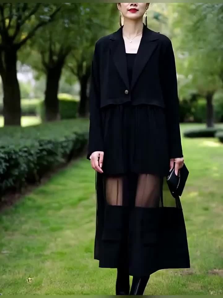 Medium-Long Stylish Spliced Suit Mesh Hollow Long-Sleeved Slim-Fit Jacket Retro Solid Color Outerwear Spliced Trench Coat