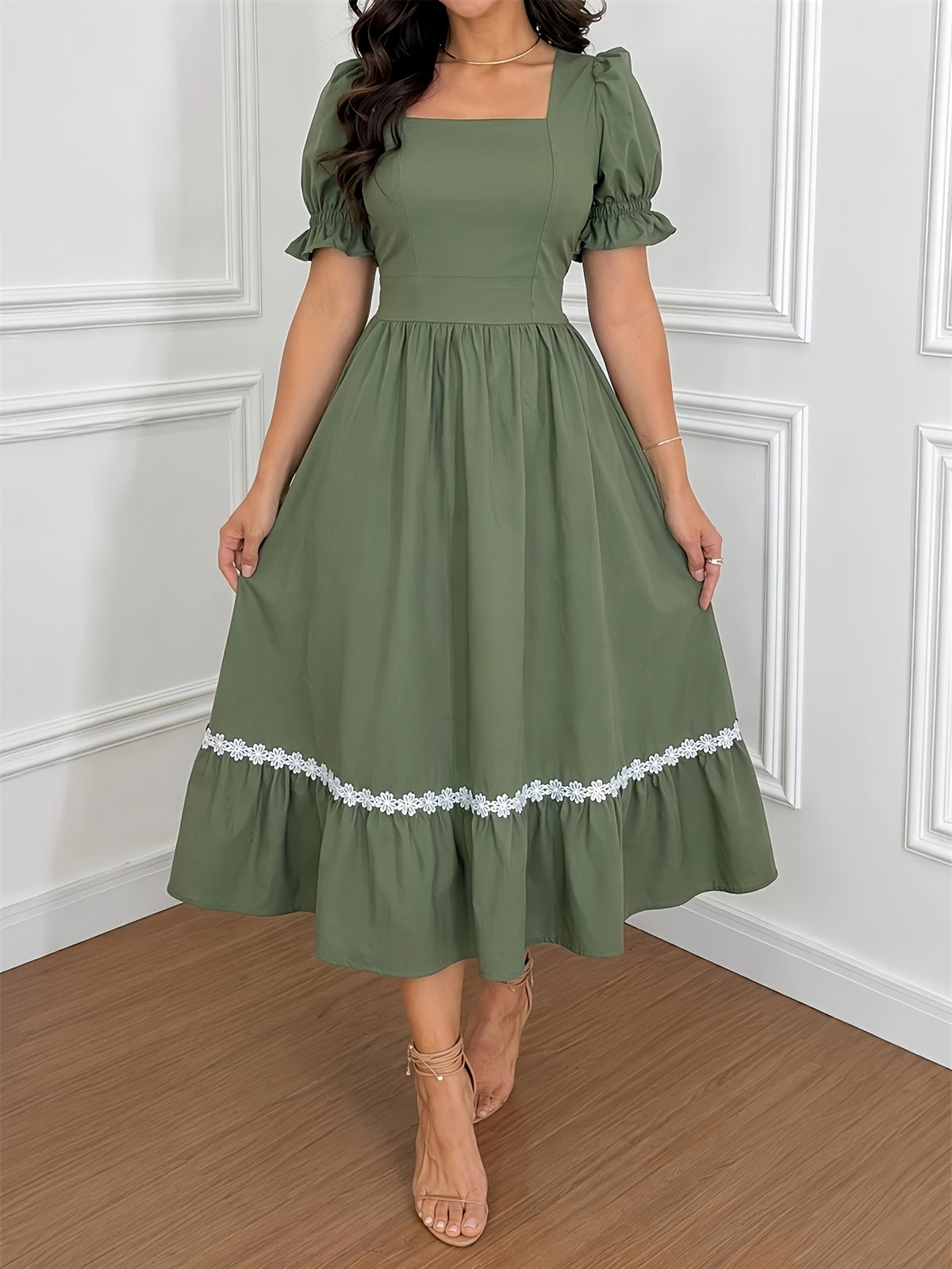 Women's Ombre Color Casual Elegant Vacation Wrap-Front Waist-Cinching A-Line Lace Trim Dress