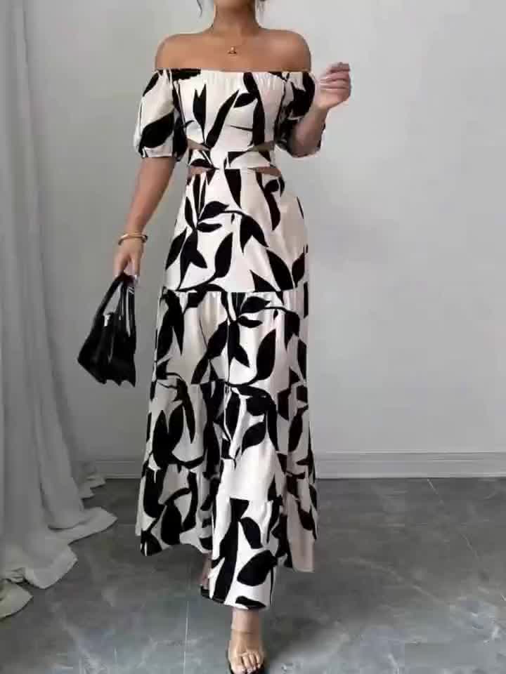 Women'S Off-Shoulder Floral Print Maxi Dress with Belt - Elegant Asymmetrical Hem, Sleeveless Vacation Dress in Black & White Floral Pattern, Lightweight Polyester for Summer Getaways, Cute Summer Dresses