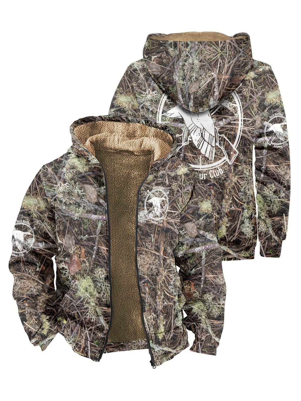 Men'S Autumn Winter Leaf Print Casual Matching Fleece Lined Zip-Up sweatshirt, Hunting