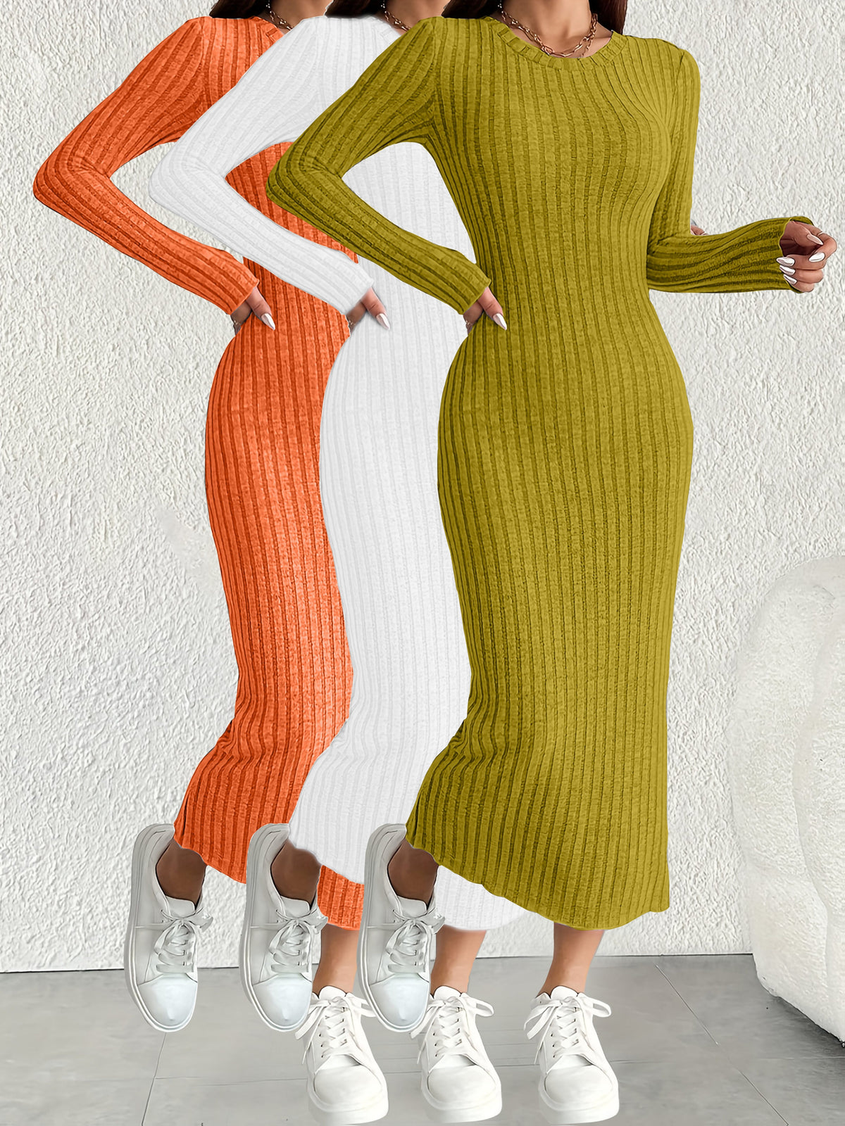 3pcs Solid Color Long Sleeve Ribbed Pullover Dress for Women