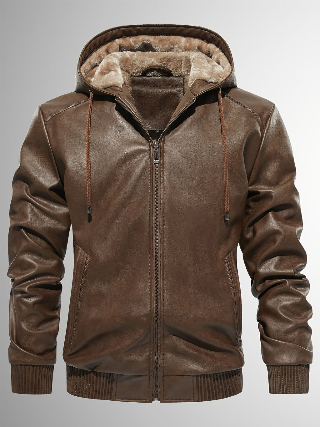 Men's Sherpa Lined PU Leather Jacket Warm Winter Hooded Motorcycle Jacket High Quality And Windproof Leather Biker Jacket Drawstring
