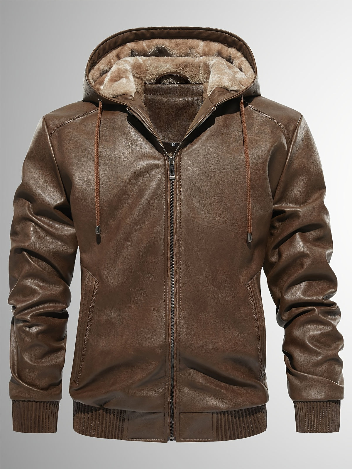 Men's Sherpa Lined PU Leather Jacket Warm Winter Hooded Motorcycle Jacket High Quality And Windproof Leather Biker Jacket Drawstring