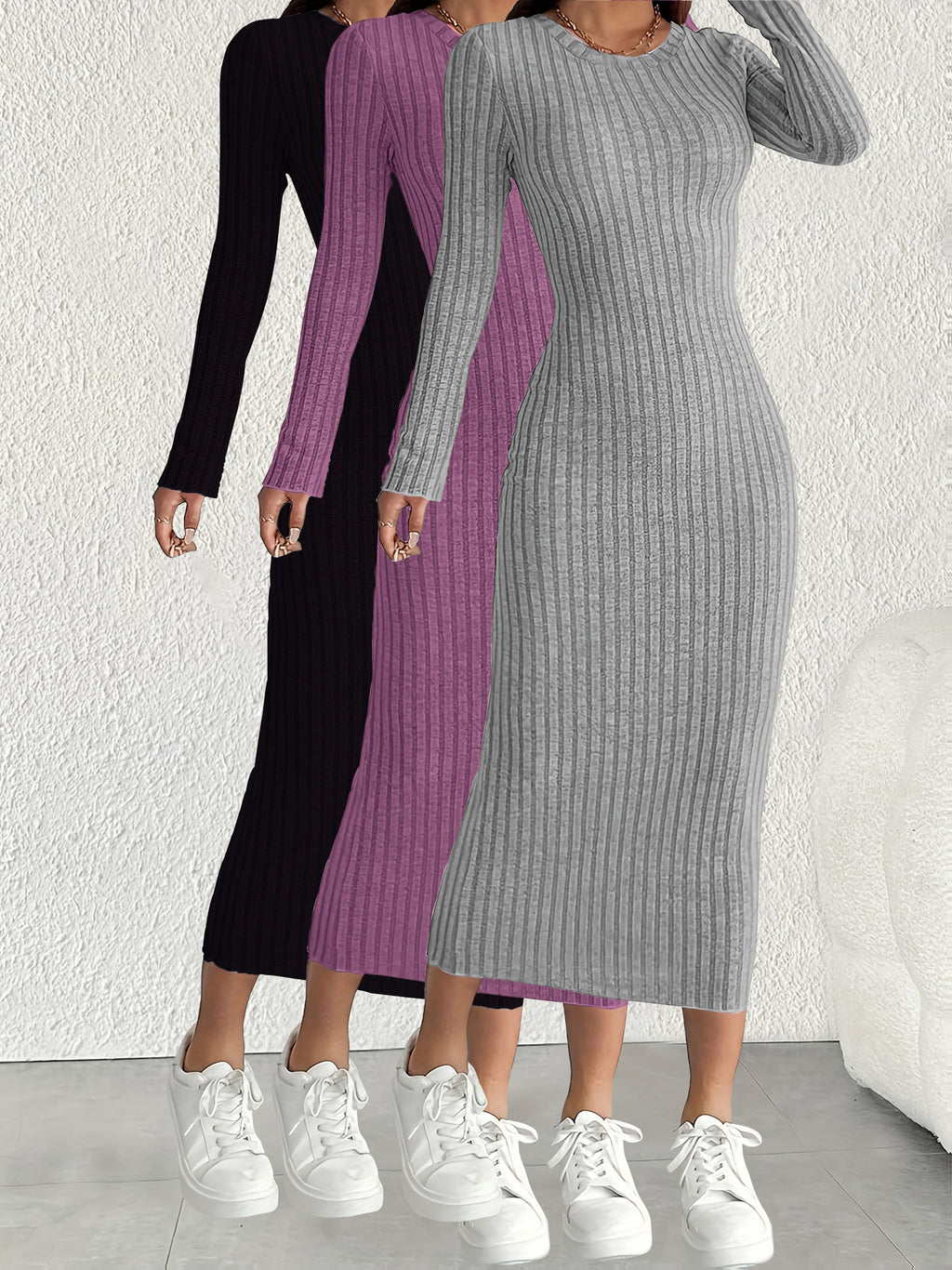 3pcs Solid Color Long Sleeve Ribbed Pullover Dress for Women