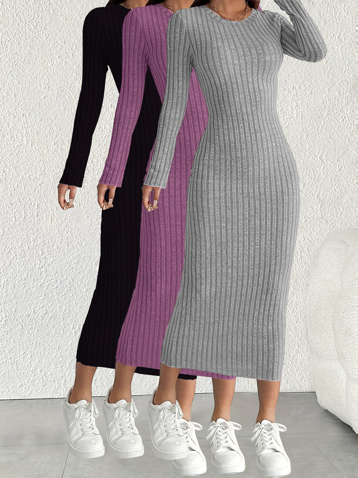 3pcs Solid Color Long Sleeve Ribbed Pullover Dress for Women