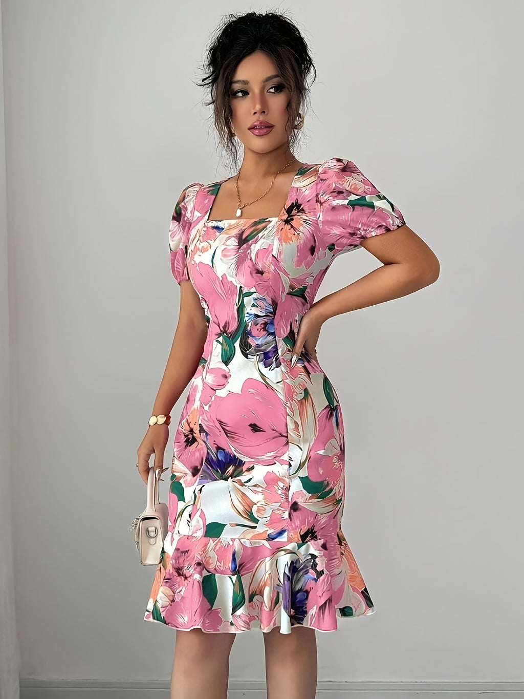 Elegant Square Neck Puff Sleeve Cinched Waist Ruffled Retro Vacation Floral Dress