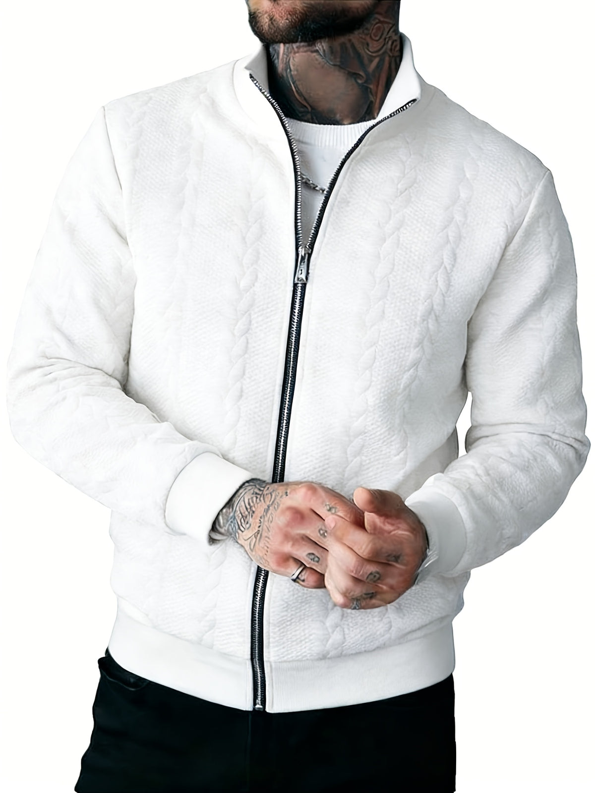 Men's Fashion Casual Elegant Medium Stretch Cardigan, Men's Casual Full-Zip Cardigan, Spring/Autumn Jacquard Casual Jacket with Jacquard Design, Suitable for All-Season Wear, Ideal for Casual and Formal Outfits, Fashionable Jacquard with Striped Knit