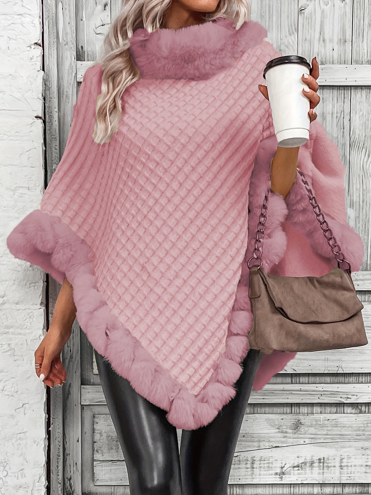 Women'S Elegant Faux Fur Collar Cape Coat - Soft Winter Coat with Plush Fur Trim, All-Season Chic Outerwear for Everyday & Formal Events