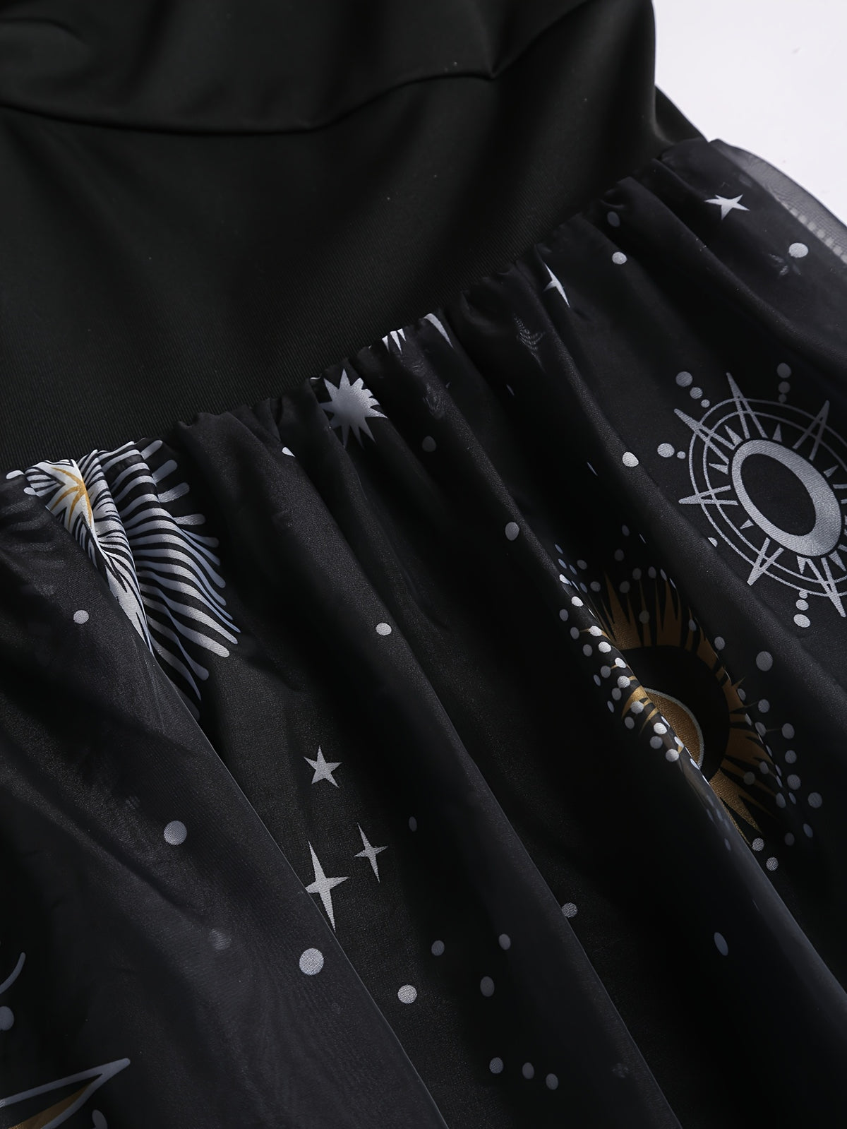 Women's Elegant Vintage Strap Day Moon Star Print Yarn Skirt Patchwork A-Line Dress