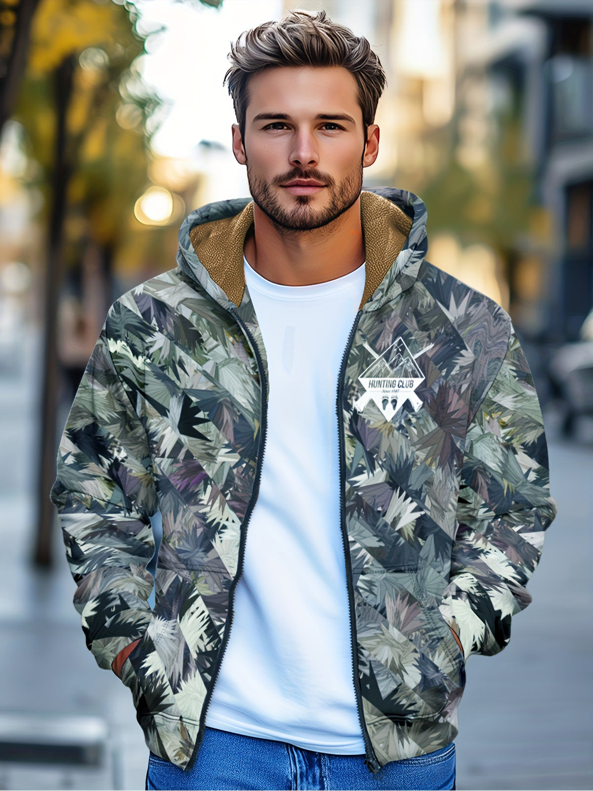 Men'S Autumn Winter Leaf Print Casual Matching Fleece Lined Zip-Up sweatshirt, Hunting
