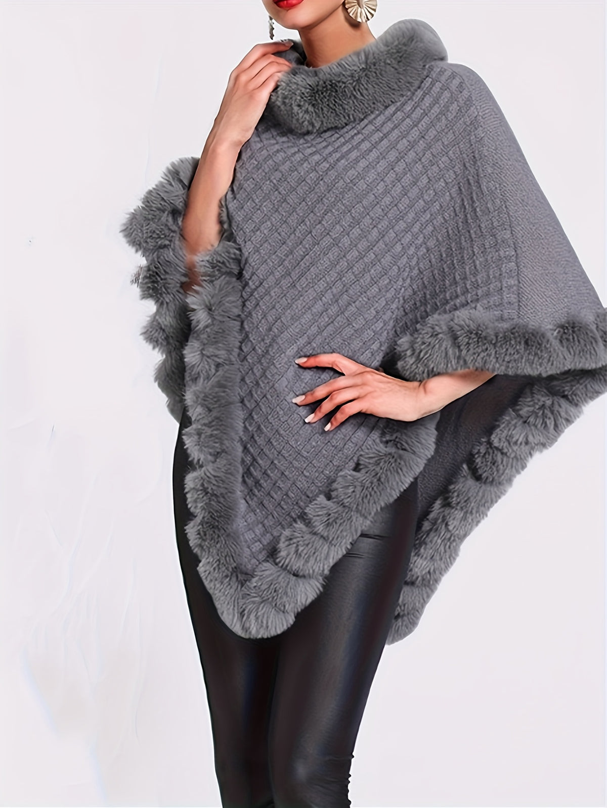 Women'S Elegant Faux Fur Collar Cape Coat - Soft Winter Coat with Plush Fur Trim, All-Season Chic Outerwear for Everyday & Formal Events