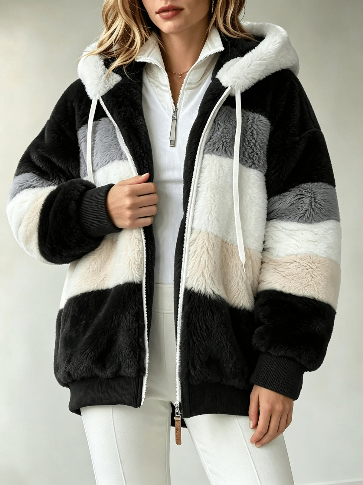 Women's Coats, Women's Color-block Striped Hooded Zip Teddy Coat, Loose Outerwear Made Of Fluffy Faux with Multi-tone Splicing, Drawstring Hood with Pockets, Warm Plush Coat for Winter