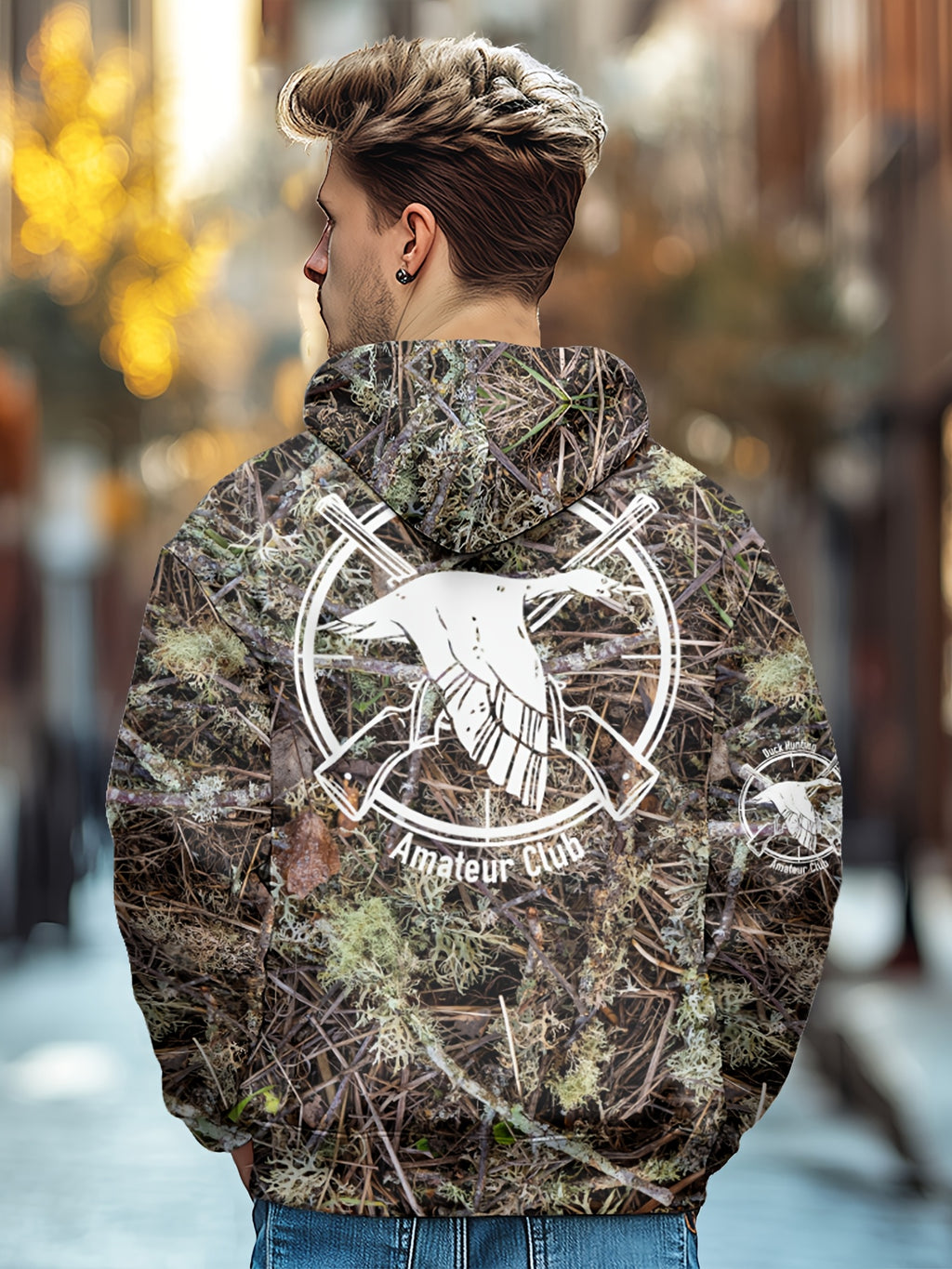 Men'S Autumn Winter Leaf Print Casual Matching Fleece Lined Zip-Up sweatshirt, Hunting