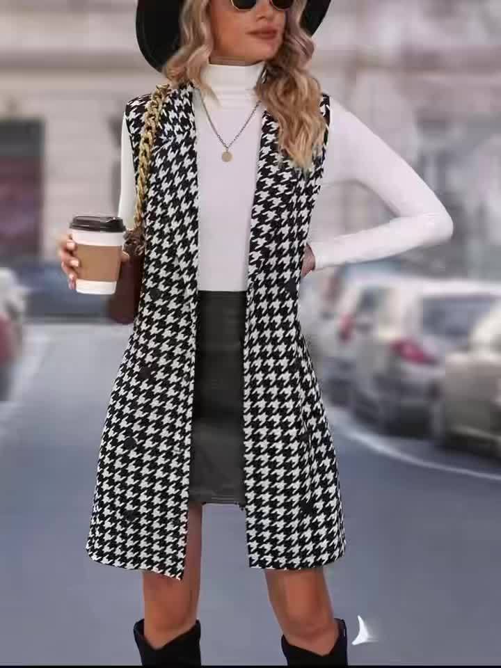 Women'S Fashion Houndstooth Long Vest