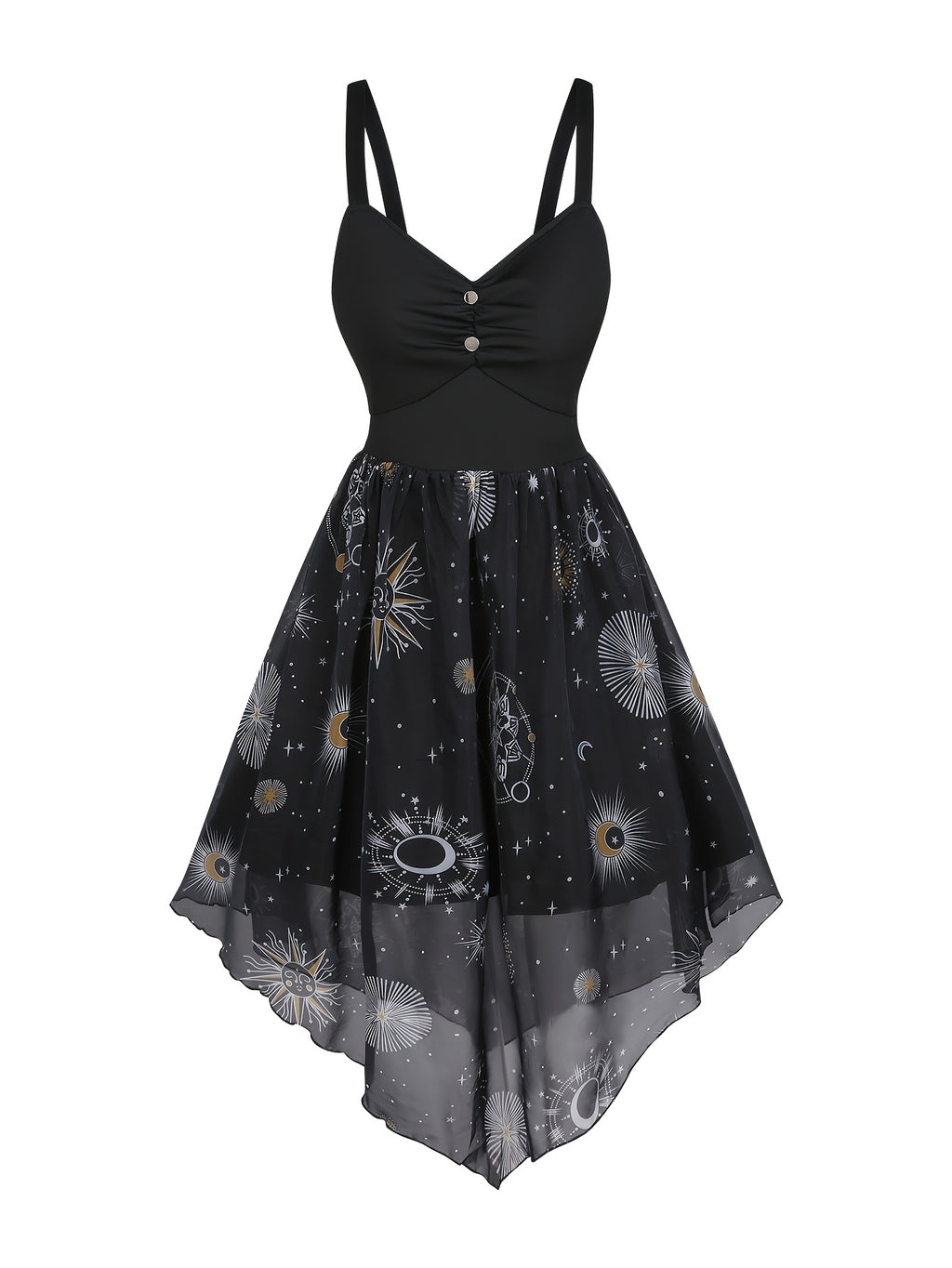 Women's Elegant Vintage Strap Day Moon Star Print Yarn Skirt Patchwork A-Line Dress