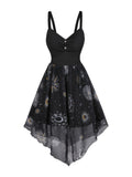 Women's Elegant Vintage Strap Day Moon Star Print Yarn Skirt Patchwork A-Line Dress