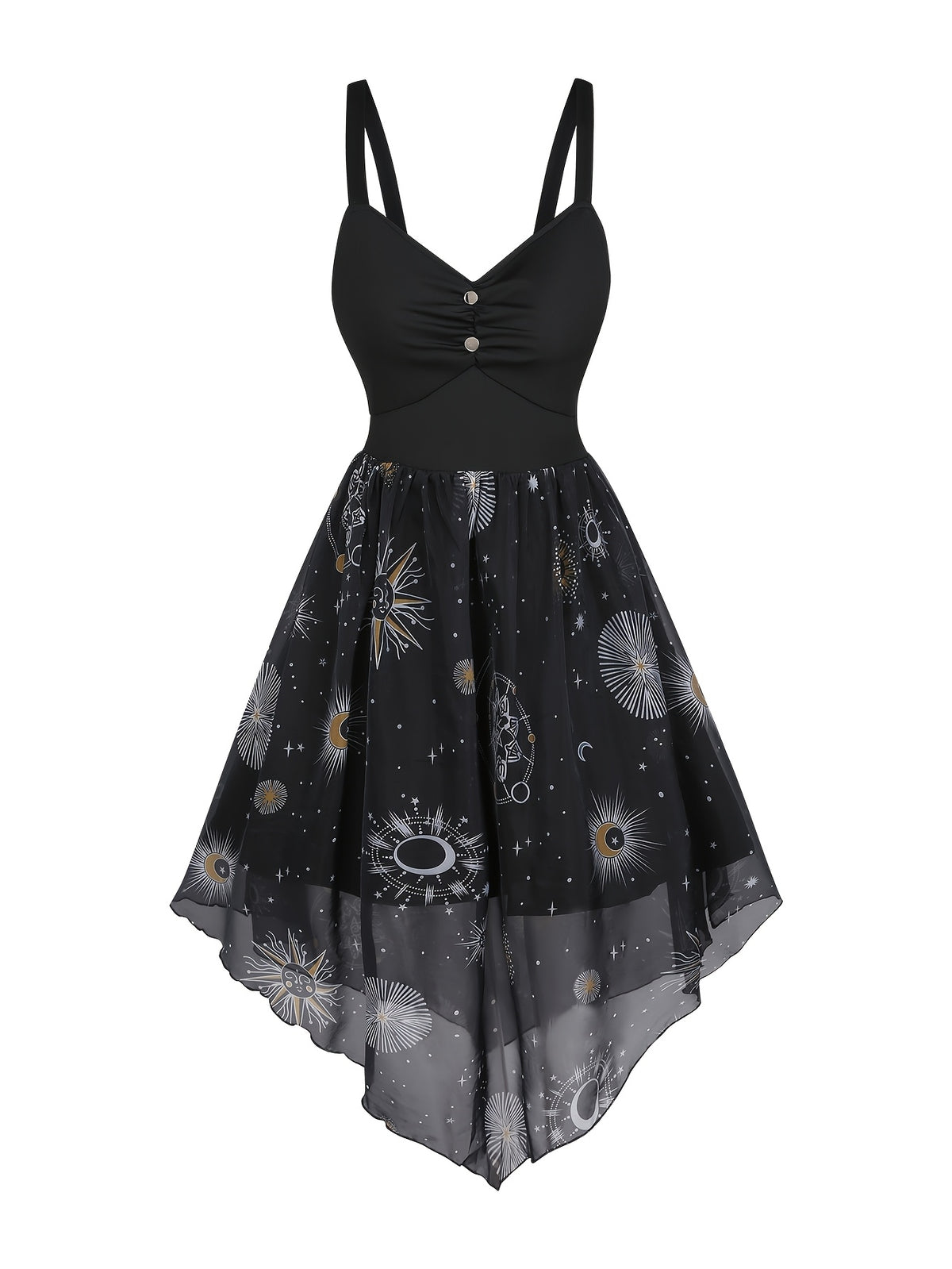 Women's Elegant Vintage Strap Day Moon Star Print Yarn Skirt Patchwork A-Line Dress