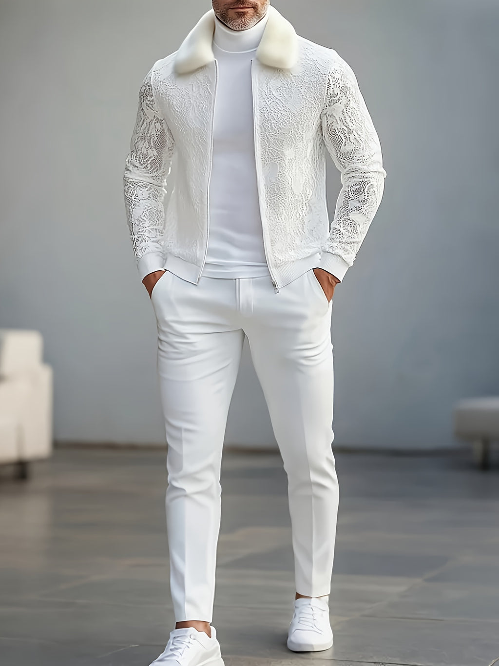 [Men's Lace Jacket] Furry Men's Zip Up Jacket | Lace Long Sleeve Turndown Collar