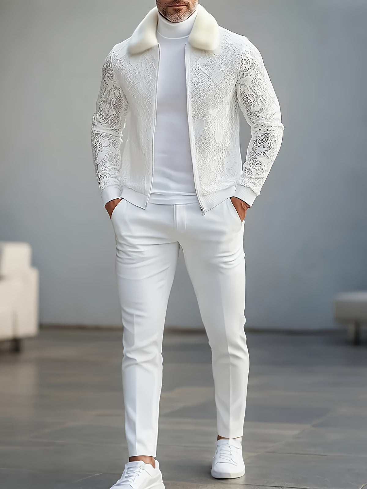 [Men's Lace Jacket] Furry Men's Zip Up Jacket | Lace Long Sleeve Turndown Collar