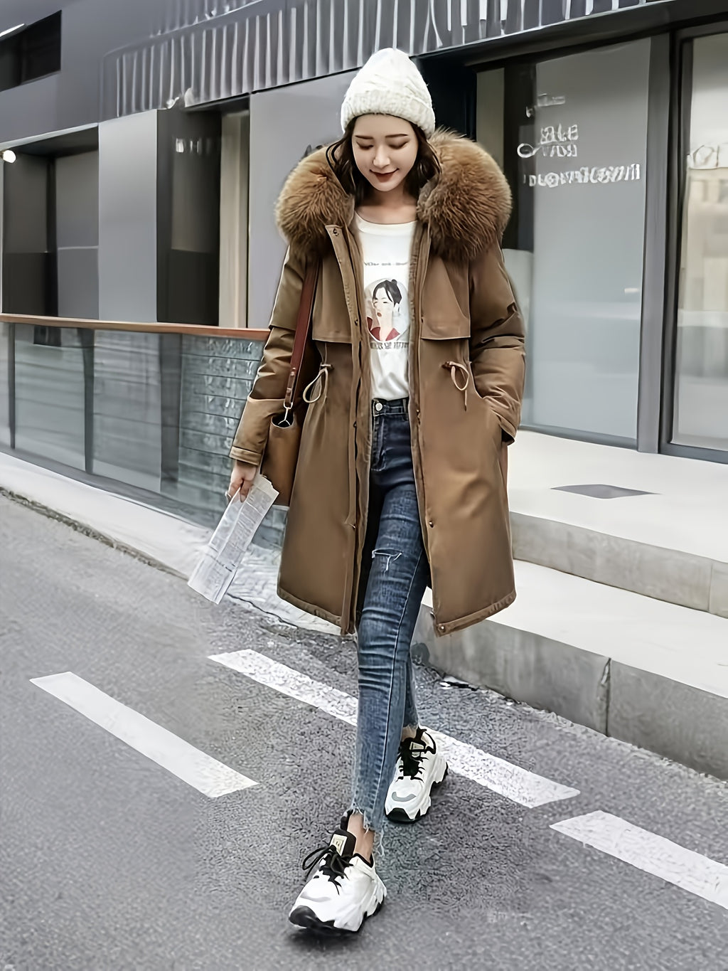 Winter New Mid-Length Fleece-Lined Vest Coat Trendy Women'S Coat Removable Collar