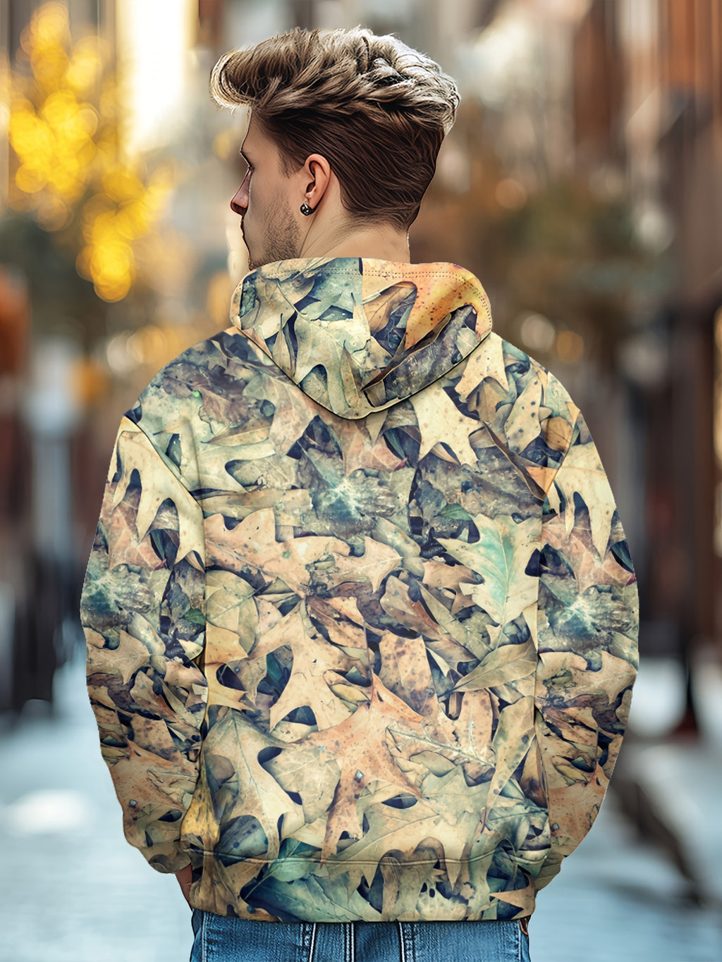 Men'S Autumn Winter Leaf Print Casual Matching Fleece Lined Zip-Up sweatshirt, Hunting
