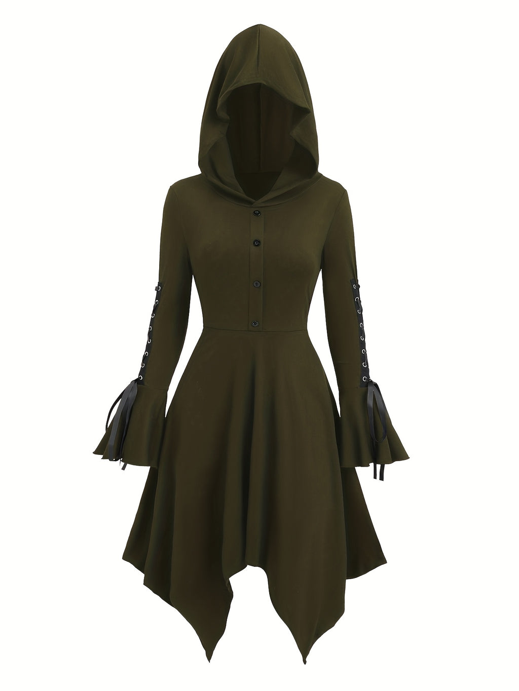 Long-Sleeve Dress with Hood • Square Bottom • Flared Sleeves with Ties