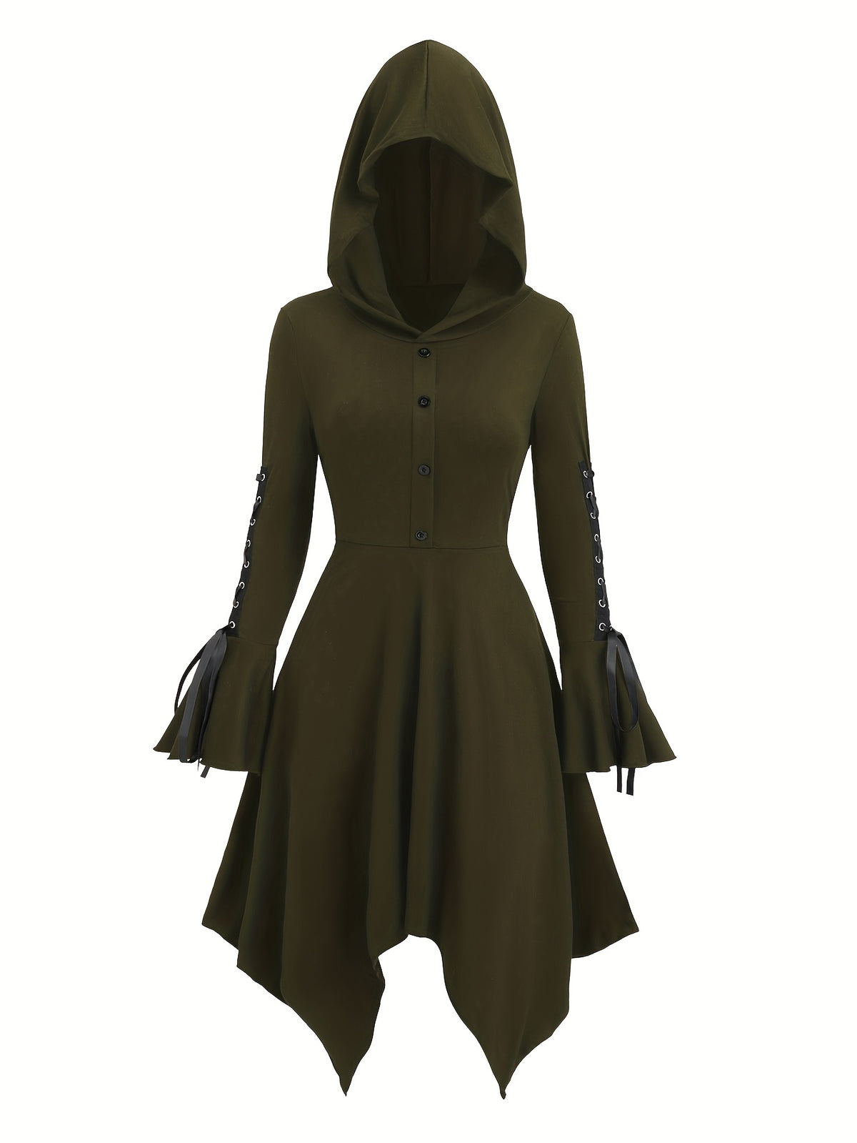 Long-Sleeve Dress with Hood • Square Bottom • Flared Sleeves with Ties