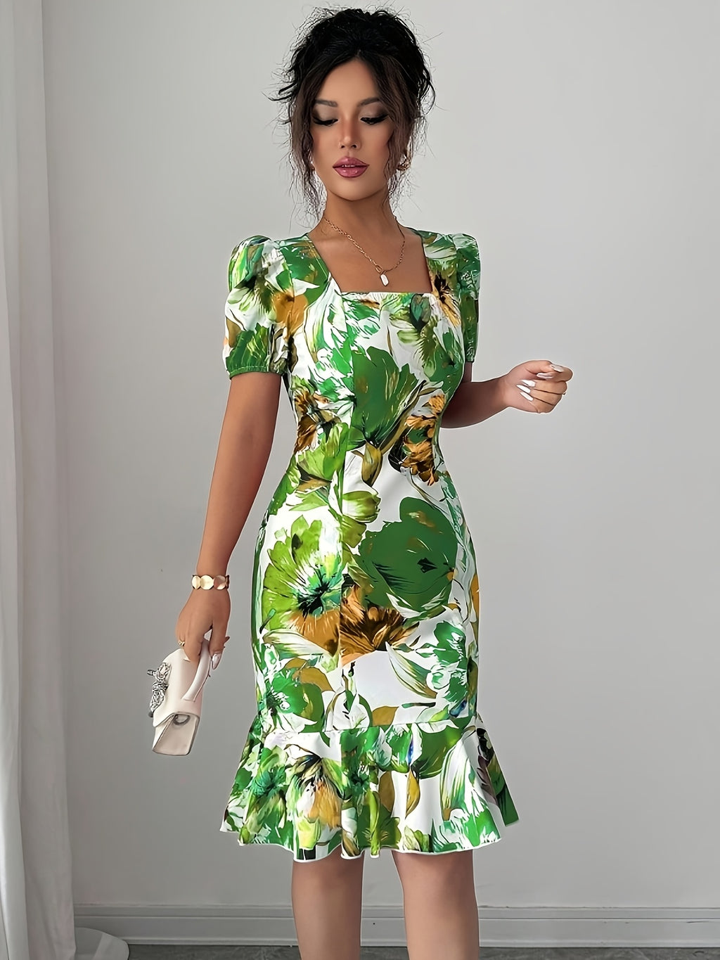 Elegant Square Neck Puff Sleeve Cinched Waist Ruffled Retro Vacation Floral Dress