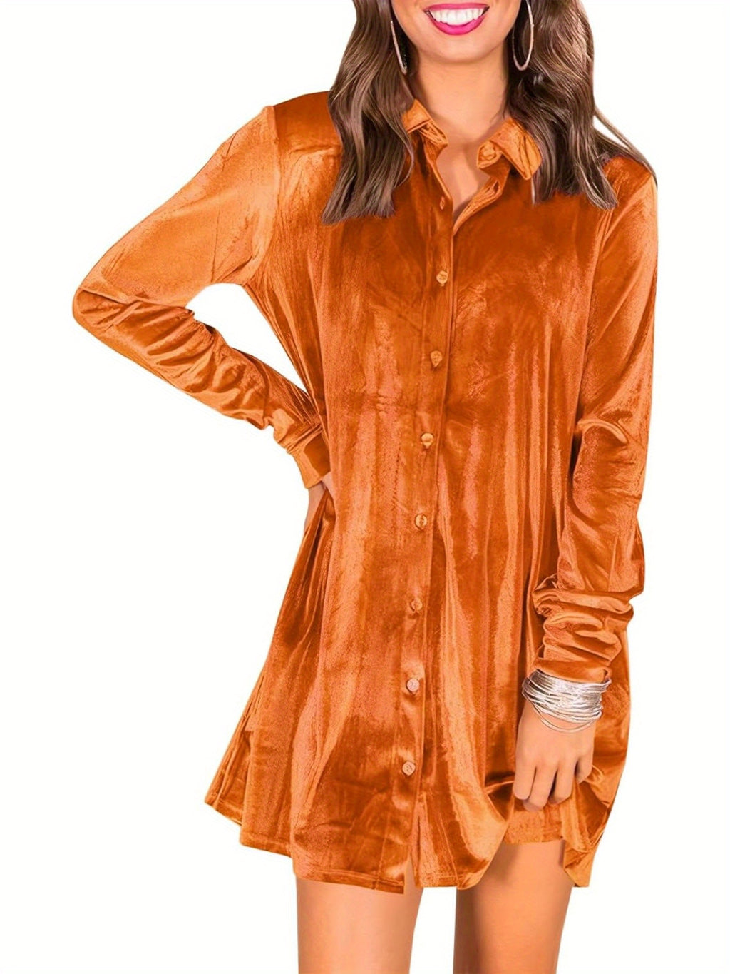 Women's Elegant Lapel Collar Button- Dress - Mini Length Long Sleeve Solid Color Tunic Top Dress Suitable for Parties, Office & Semi-Formal Events