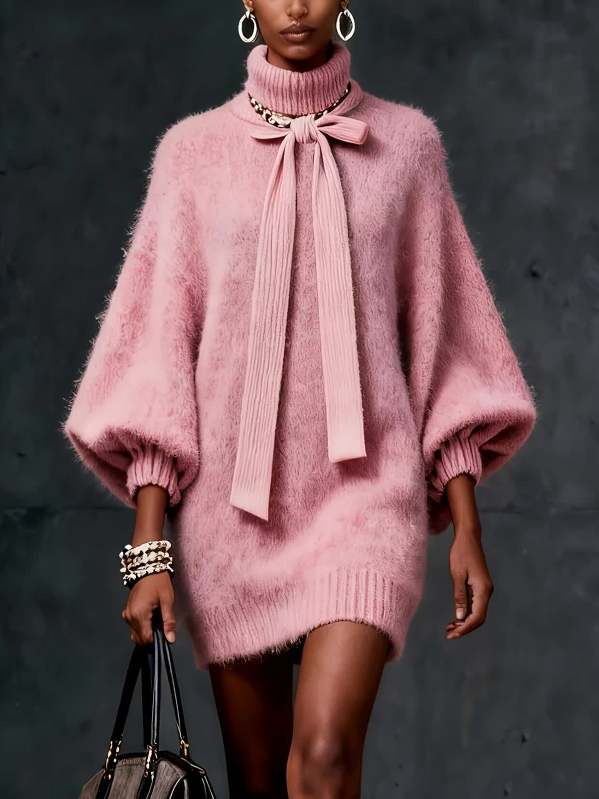 Women's Fashion Cashmere Sweater with Large Bow Detail, Spliced Wide Sleeve Dress, Elegant Pullover, Casual Party Commute Pretty Comfortable Long Top, Pink Sexy Women's Mini Skirt