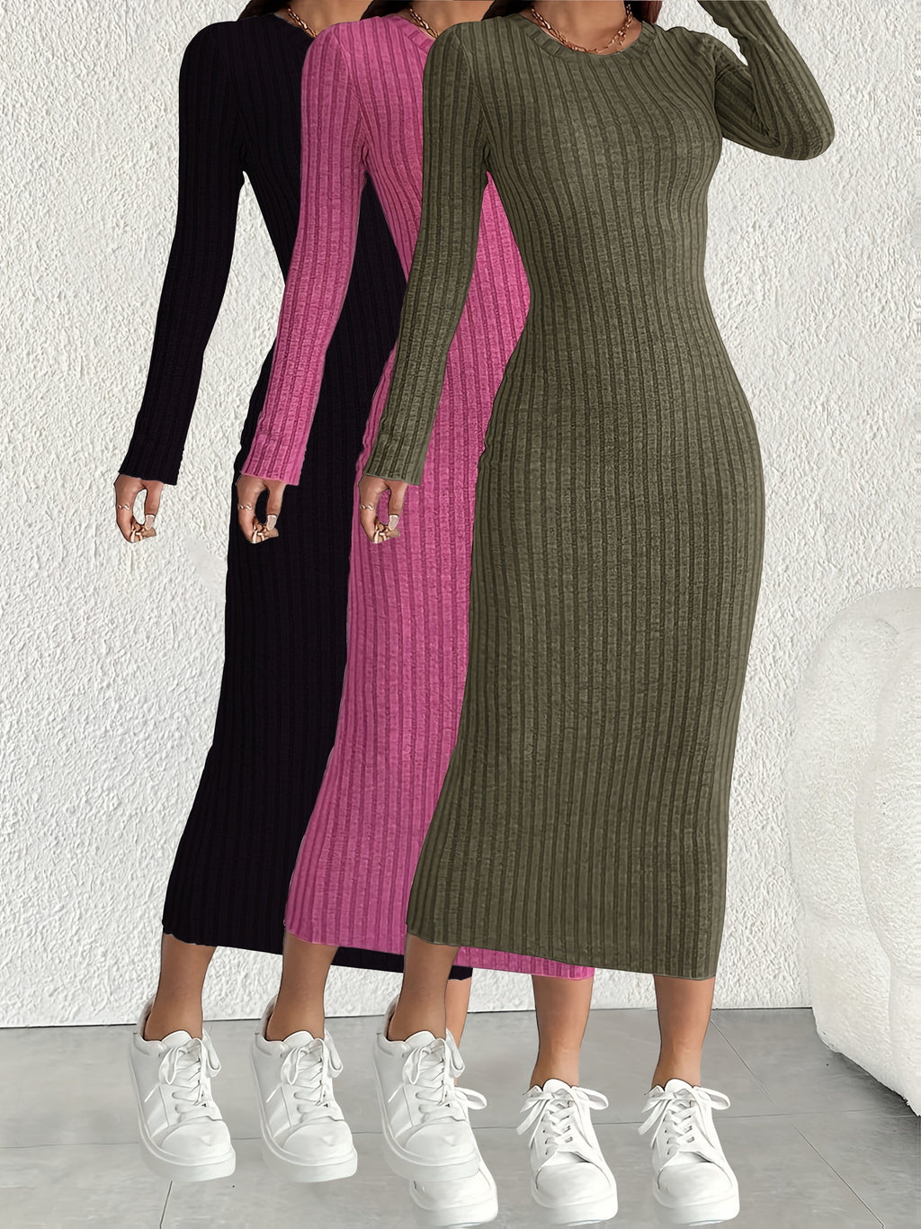 3pcs Solid Color Long Sleeve Ribbed Pullover Dress for Women