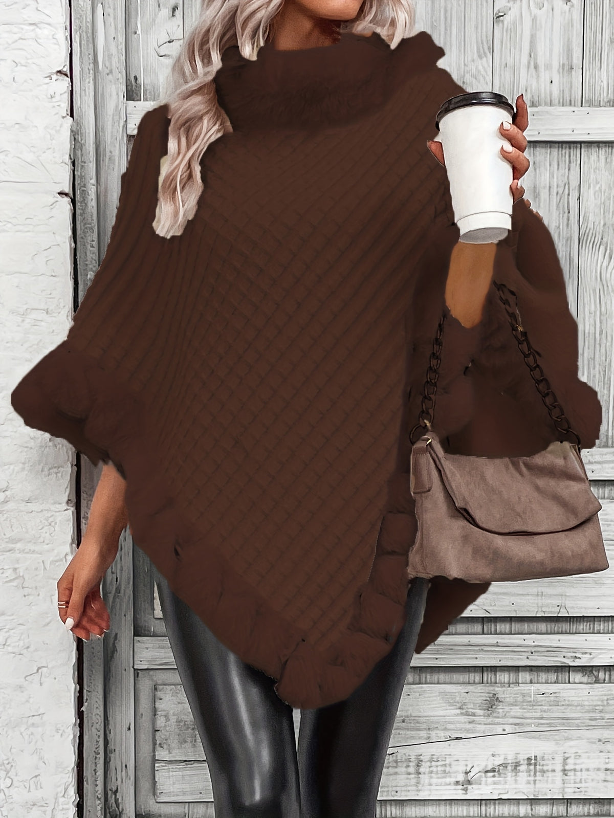 Women'S Elegant Faux Fur Collar Cape Coat - Soft Winter Coat with Plush Fur Trim, All-Season Chic Outerwear for Everyday & Formal Events