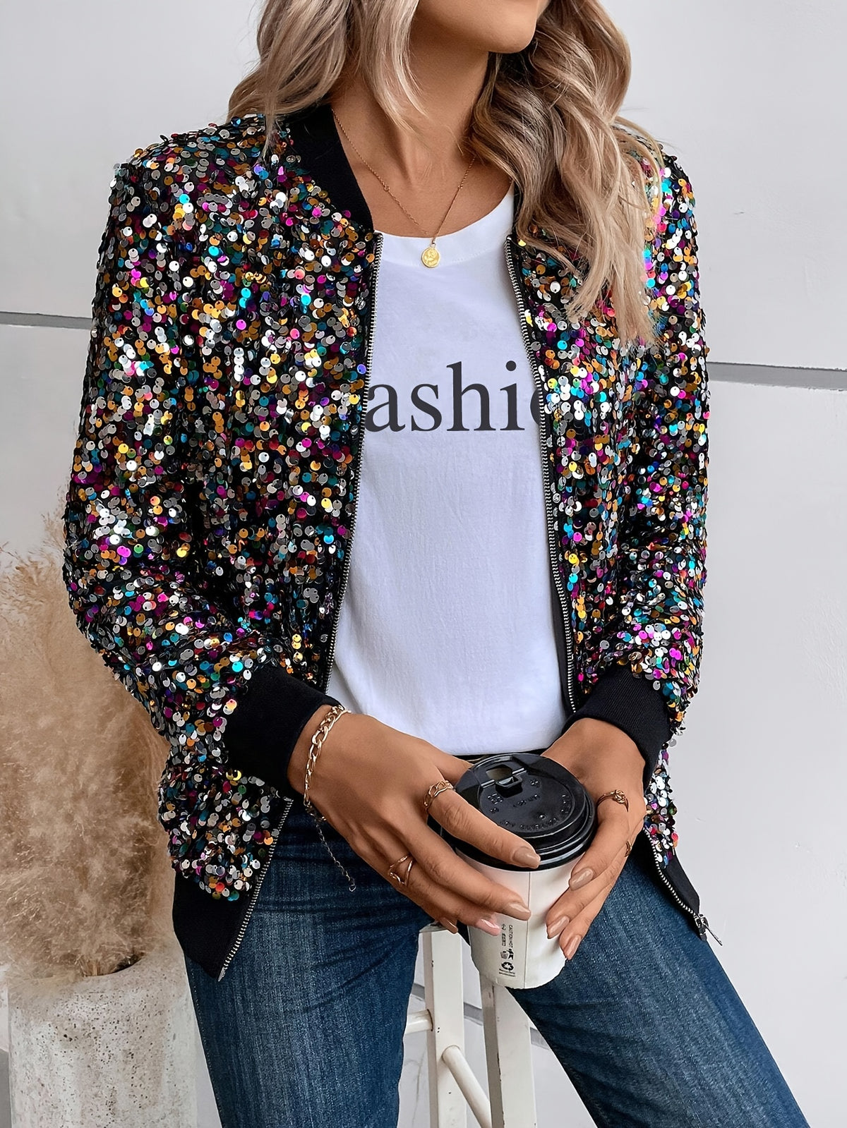 Elegant Sequin-Adorned Jacket for Women - Chic Zip-Up Bomber Style with Baseball Collar, Long Sleeves, and Colorful Dot Pattern - Perfect for Spring/Fall, Non-Stretch Polyester Fabric