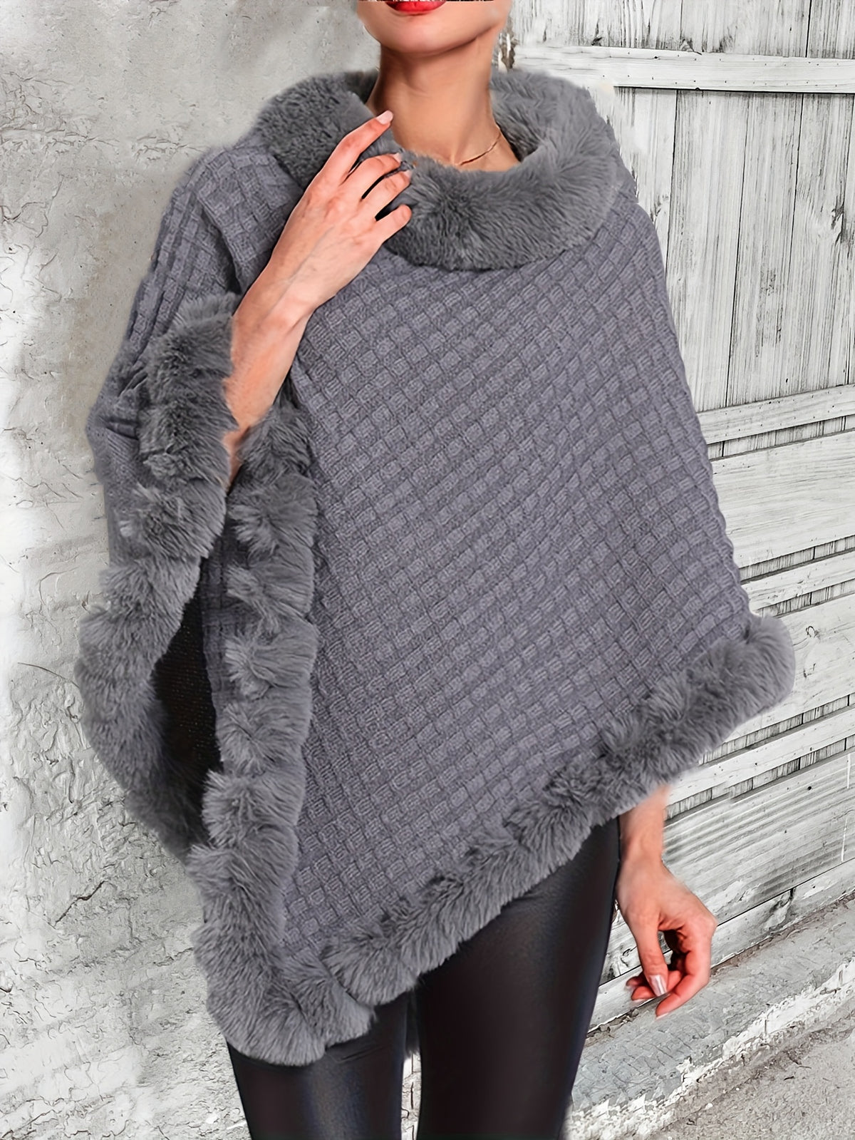 Women'S Elegant Faux Fur Collar Cape Coat - Soft Winter Coat with Plush Fur Trim, All-Season Chic Outerwear for Everyday & Formal Events