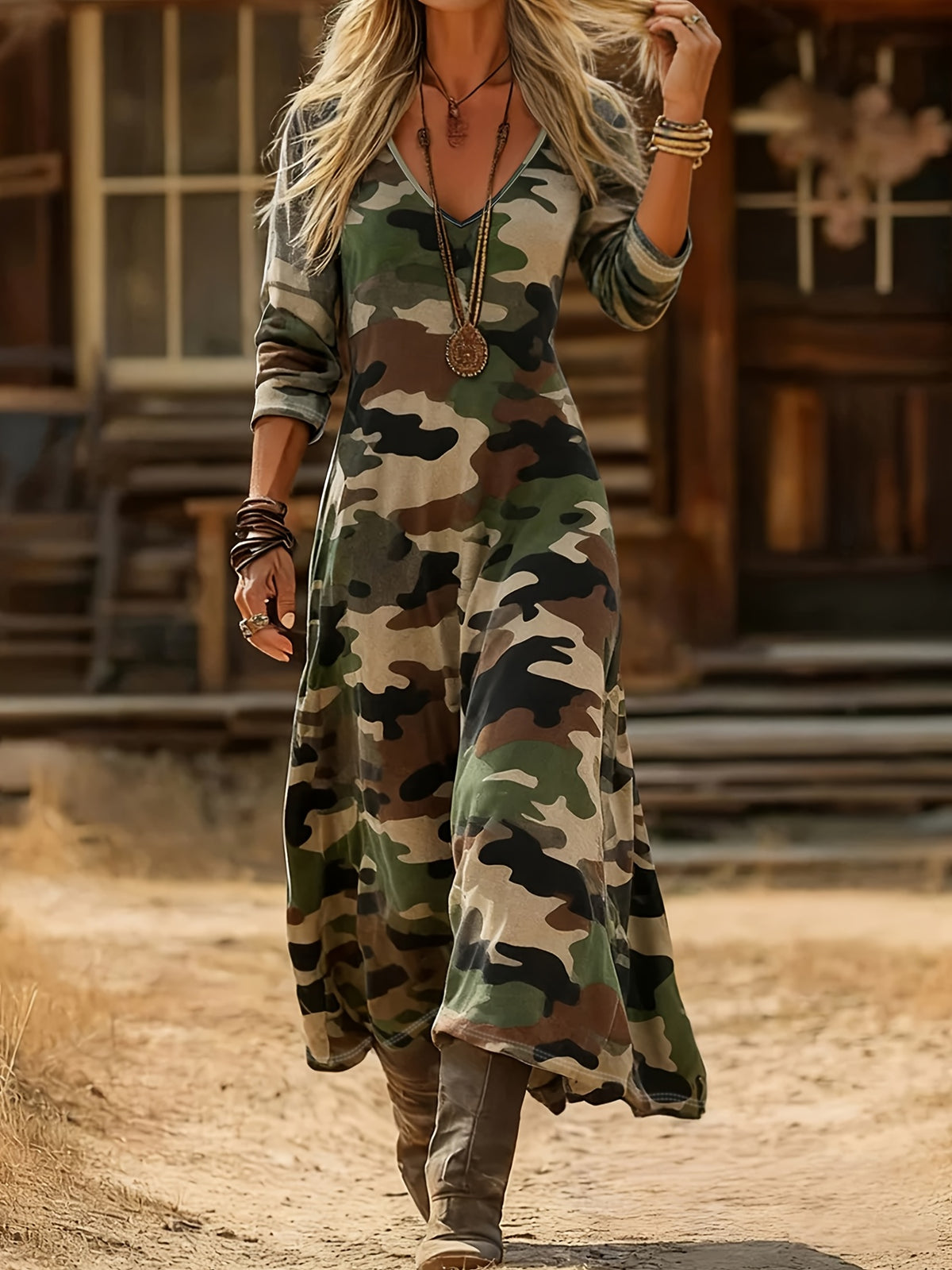 Western Style Camouflage V-Neck Long-Sleeved Long Dress Retro Slim Fit Dress Summer New Commuter Dating Vacation Dress American Spicy Style Drape Long Dress