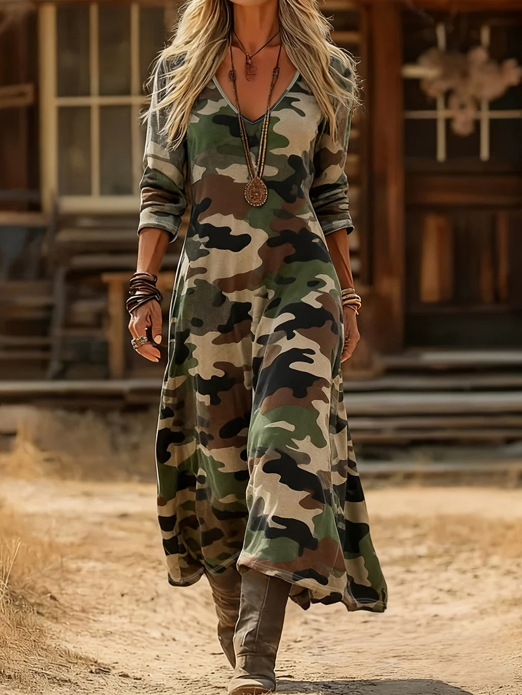 Western Style Camouflage V-Neck Long-Sleeved Long Dress Retro Slim Fit Dress Summer New Commuter Dating Vacation Dress American Spicy Style Drape Long Dress