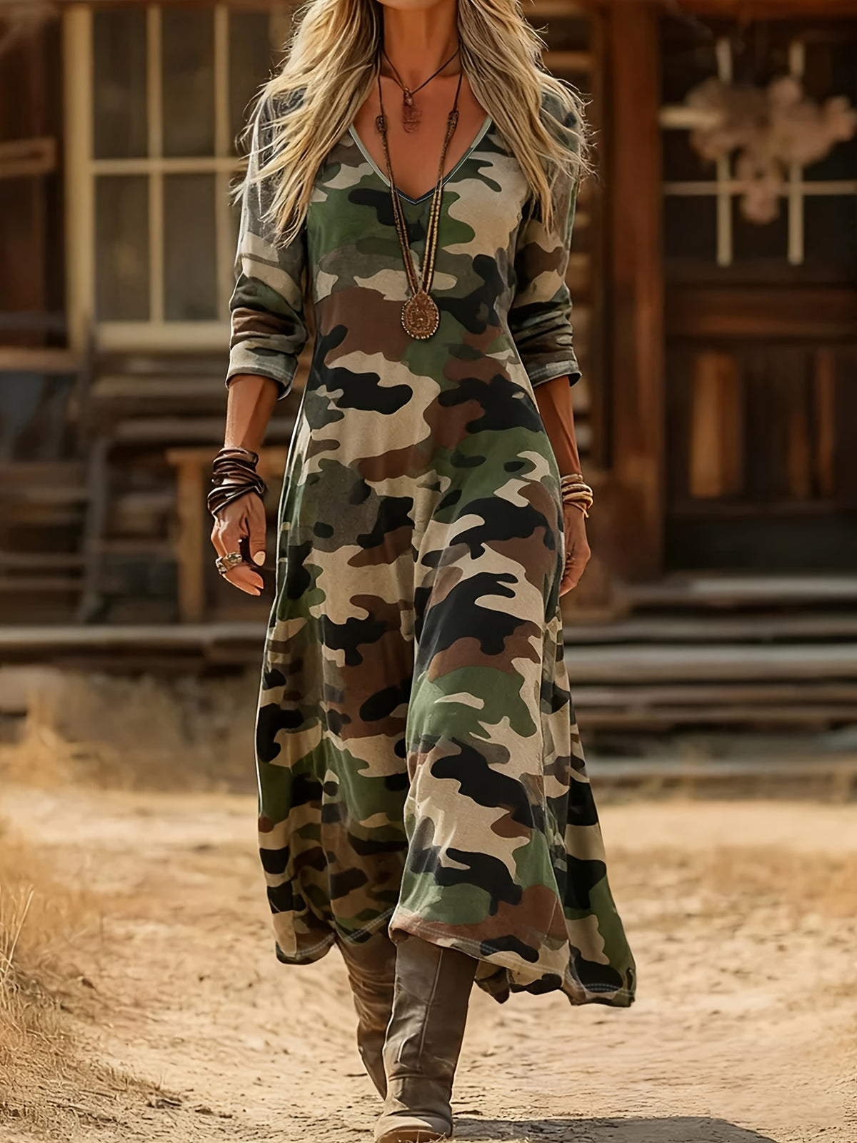 Western Style Camouflage V-Neck Long-Sleeved Long Dress Retro Slim Fit Dress Summer New Commuter Dating Vacation Dress American Spicy Style Drape Long Dress