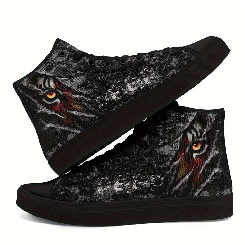 Men's Gothic Punk Sneakers - High-Top Shoes with Lace-Up Closure, Non-Slip Rubber Sole - All-Season Streetwear Footwear for Concerts, Parties, Everyday Edgy Fashion - Gothic Tiger-like Graphic Trainers, Casual Streetwear, Durable Traction Sole