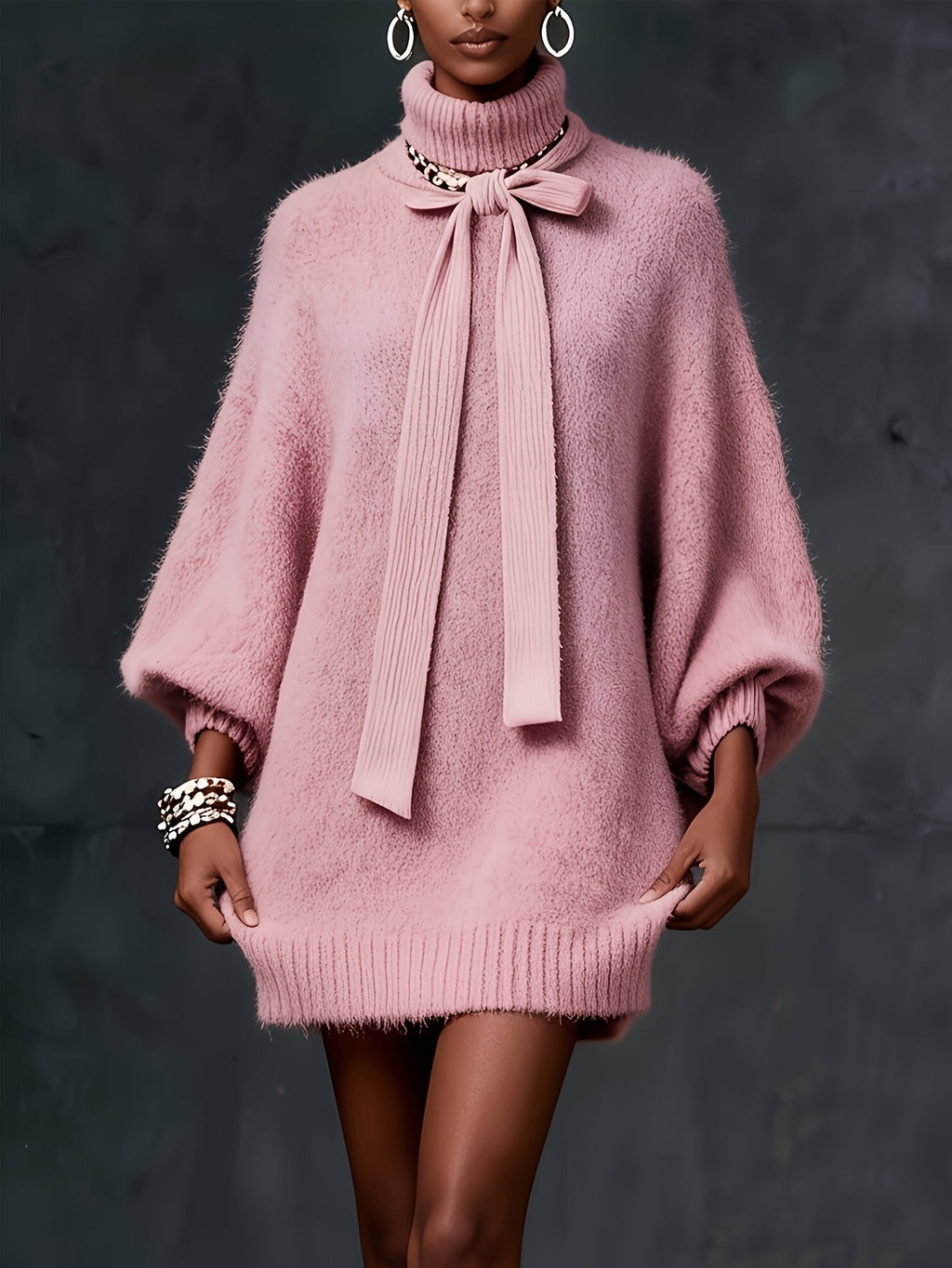 Women's Fashion Cashmere Sweater with Large Bow Detail, Spliced Wide Sleeve Dress, Elegant Pullover, Casual Party Commute Pretty Comfortable Long Top, Pink Sexy Women's Mini Skirt