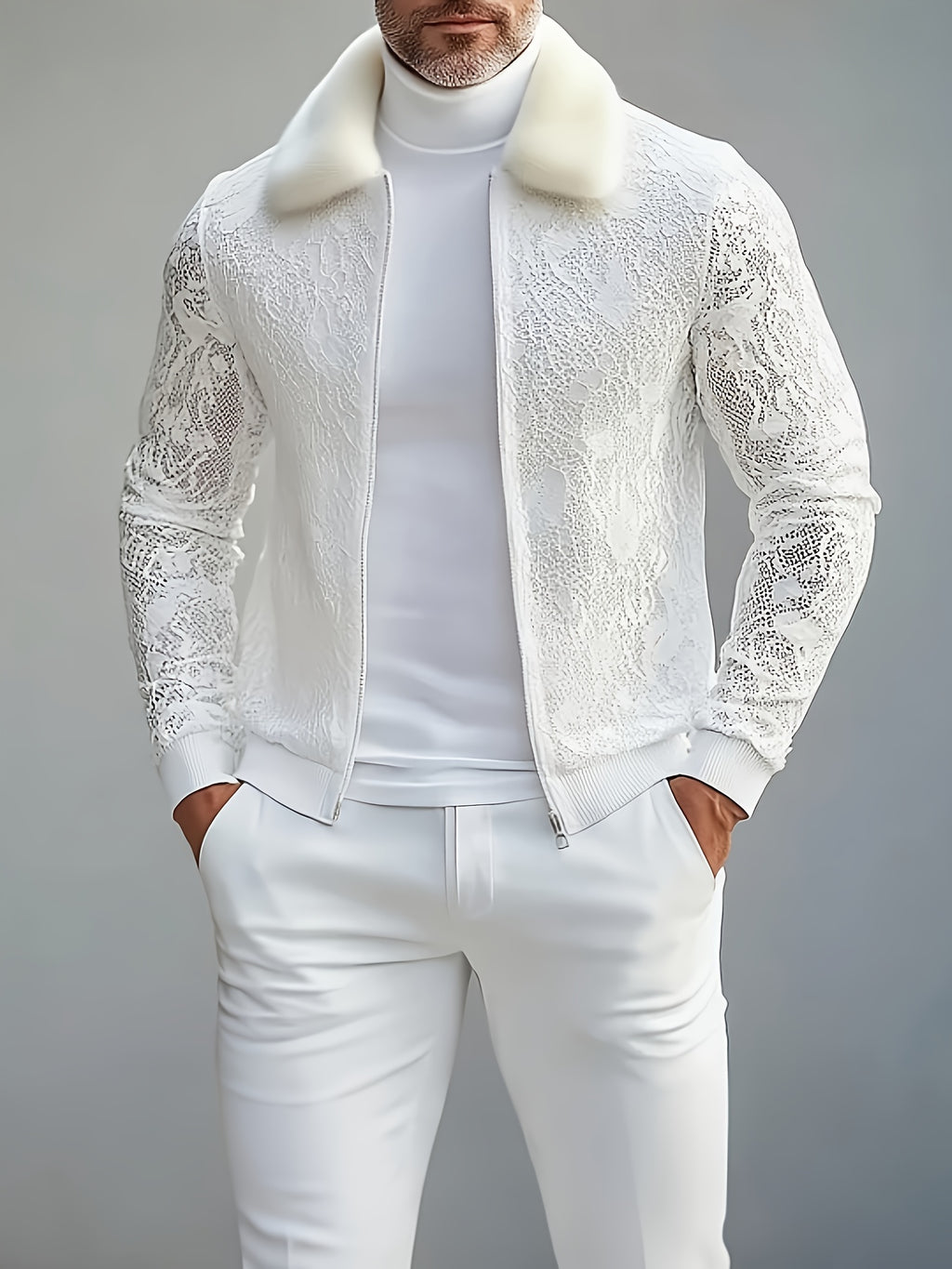 [Men's Lace Jacket] Furry Men's Zip Up Jacket | Lace Long Sleeve Turndown Collar
