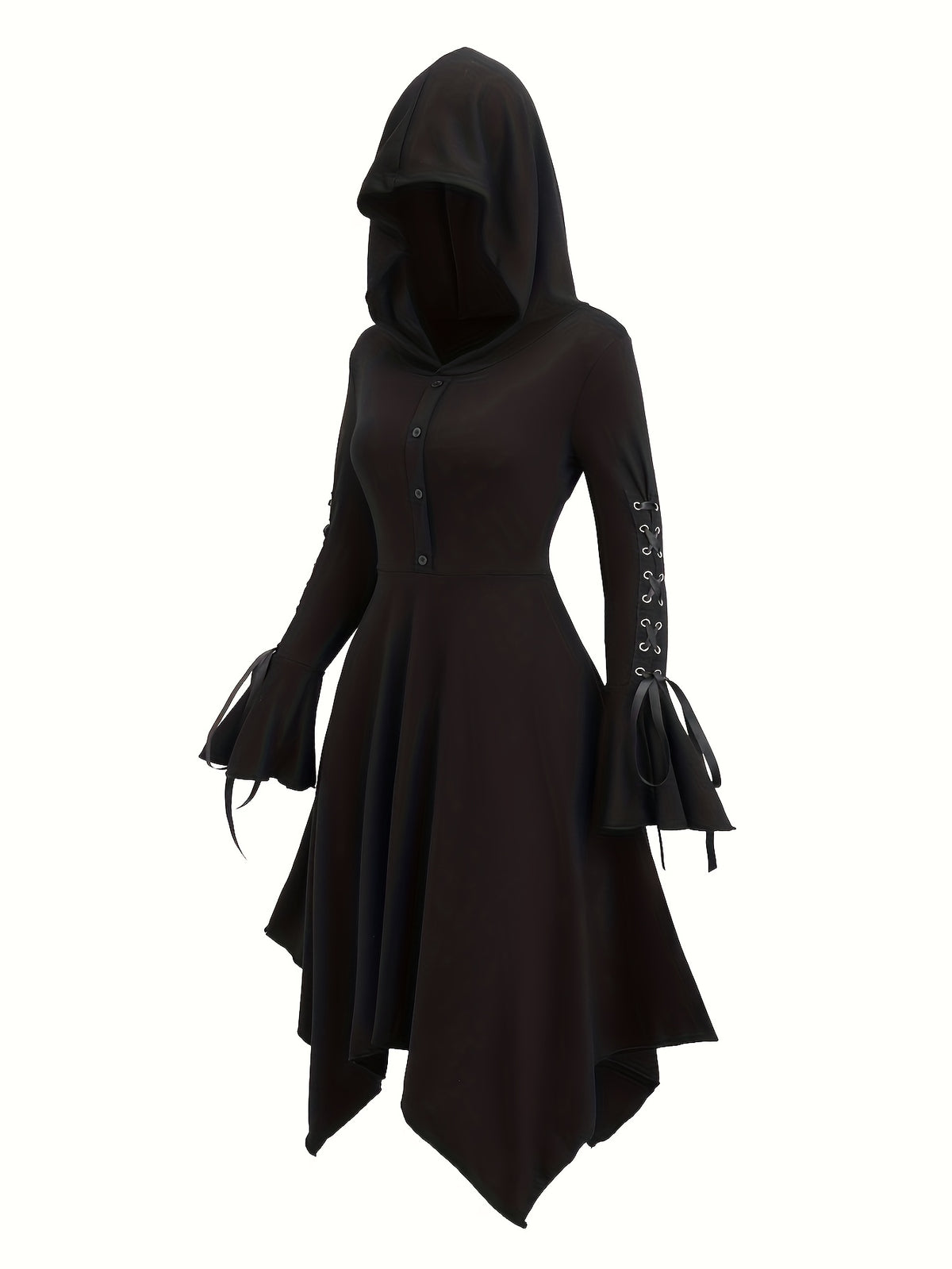 Long-Sleeve Dress with Hood • Square Bottom • Flared Sleeves with Ties