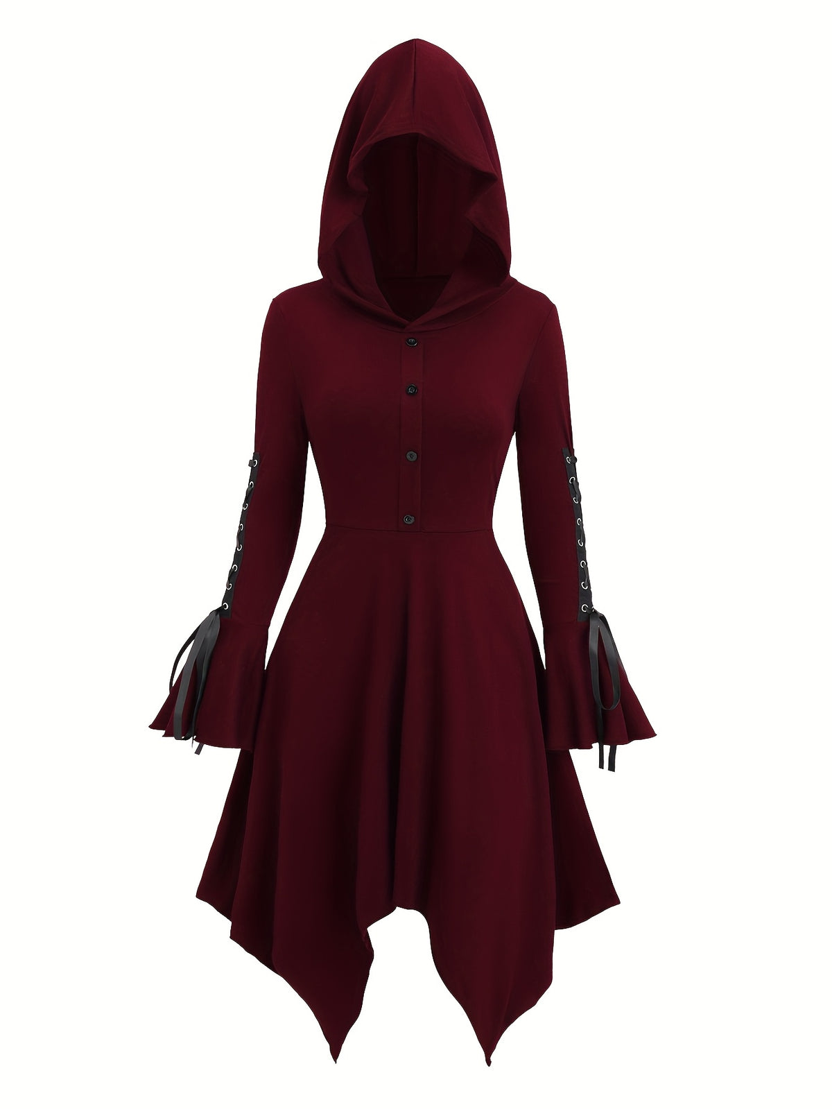 Long-Sleeve Dress with Hood • Square Bottom • Flared Sleeves with Ties