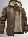 Men's Sherpa Lined PU Leather Jacket Warm Winter Hooded Motorcycle Jacket High Quality And Windproof Leather Biker Jacket Drawstring