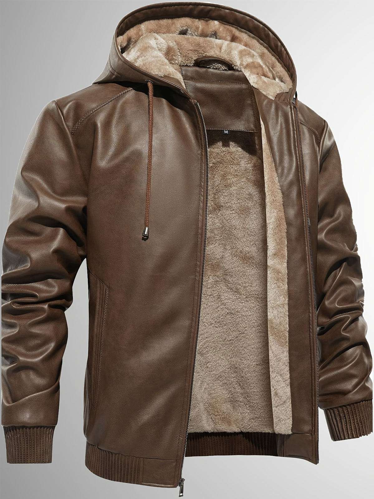 Men's Sherpa Lined PU Leather Jacket Warm Winter Hooded Motorcycle Jacket High Quality And Windproof Leather Biker Jacket Drawstring