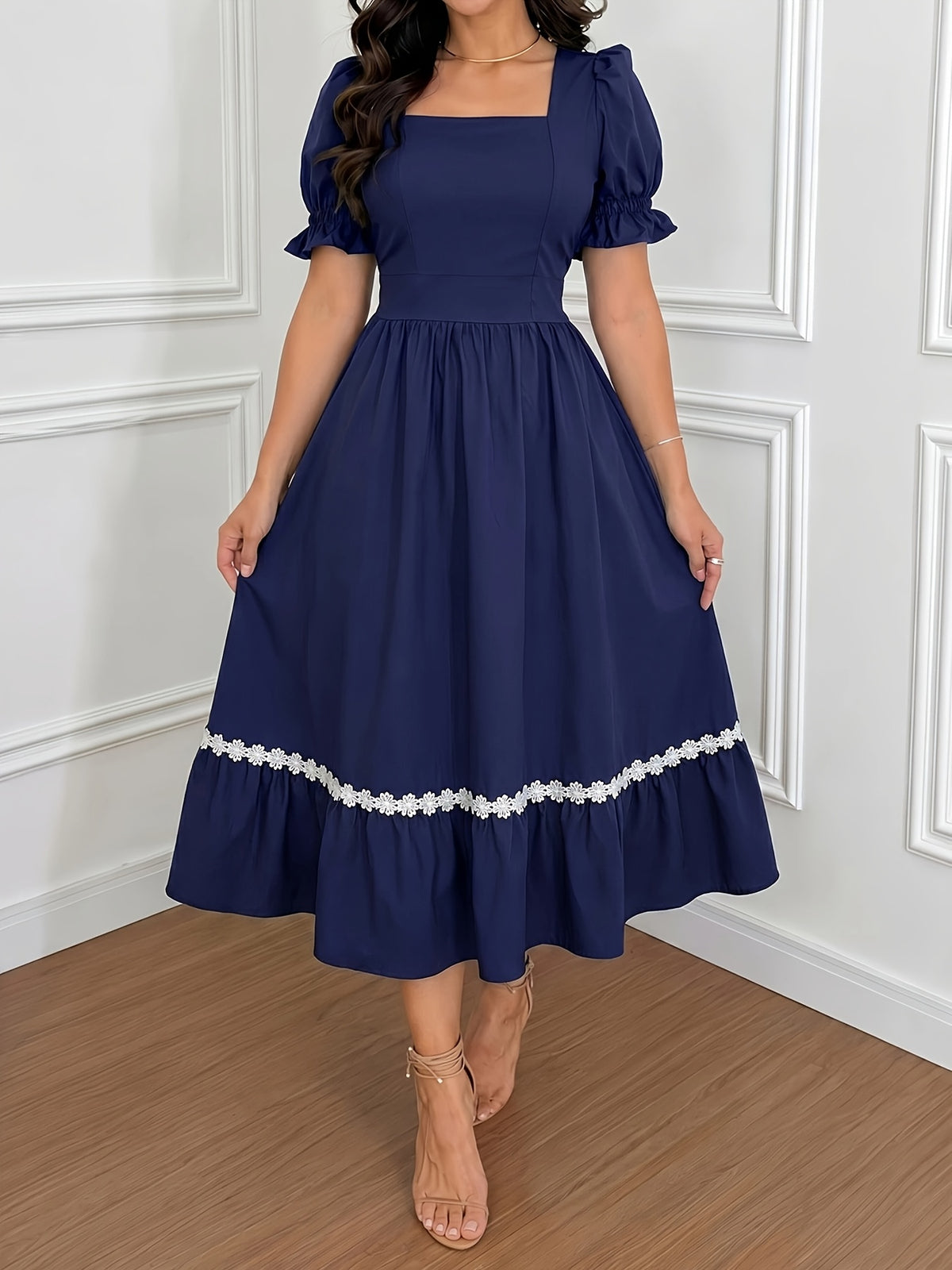 Women's Ombre Color Casual Elegant Vacation Wrap-Front Waist-Cinching A-Line Lace Trim Dress