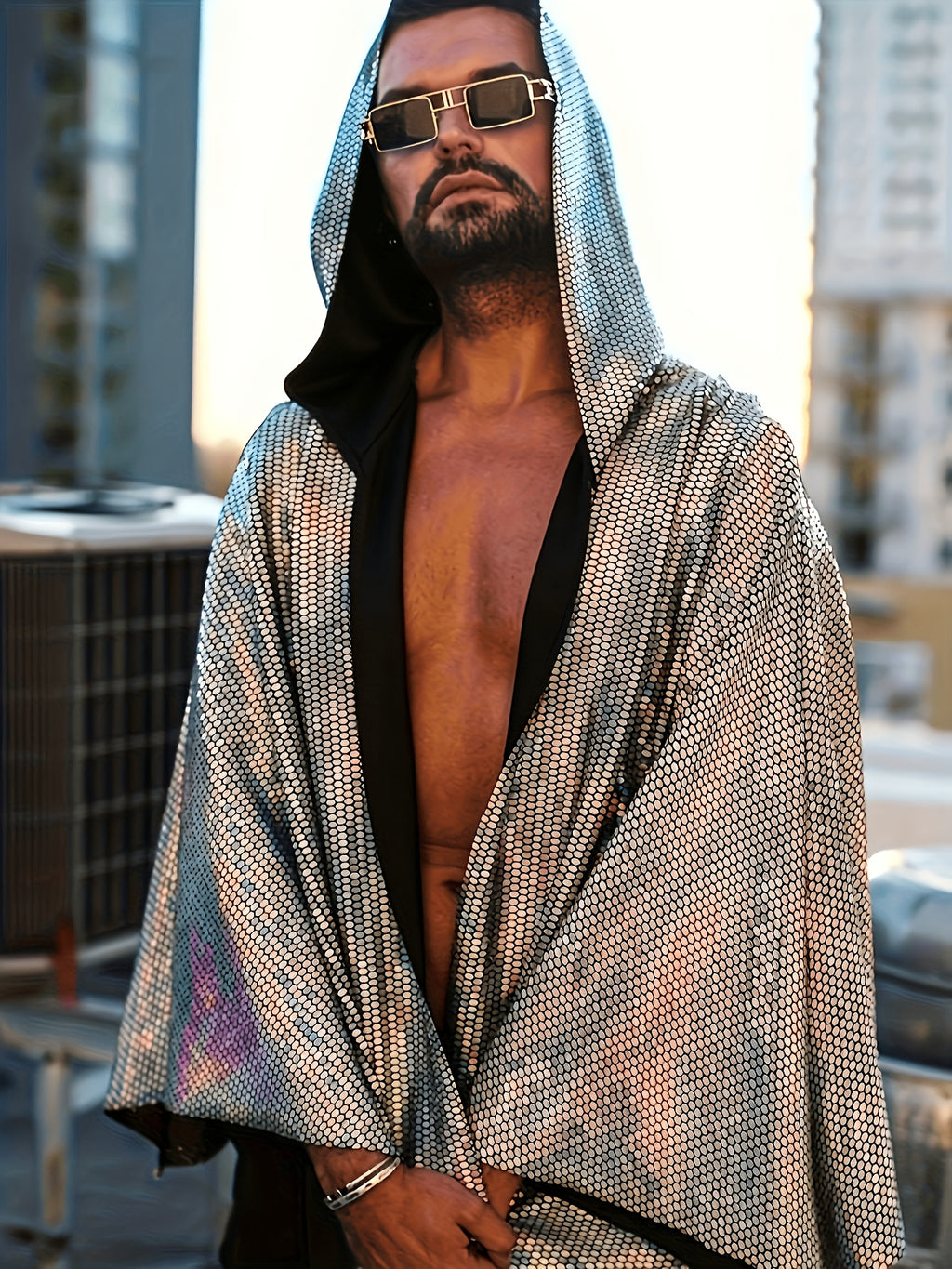 Men'S Loose Laser Sequin Hooded Shawl | Nightclub, Rave, Music Festival Apparel with Contrast Sequin Details And Slight Stretch Fabric